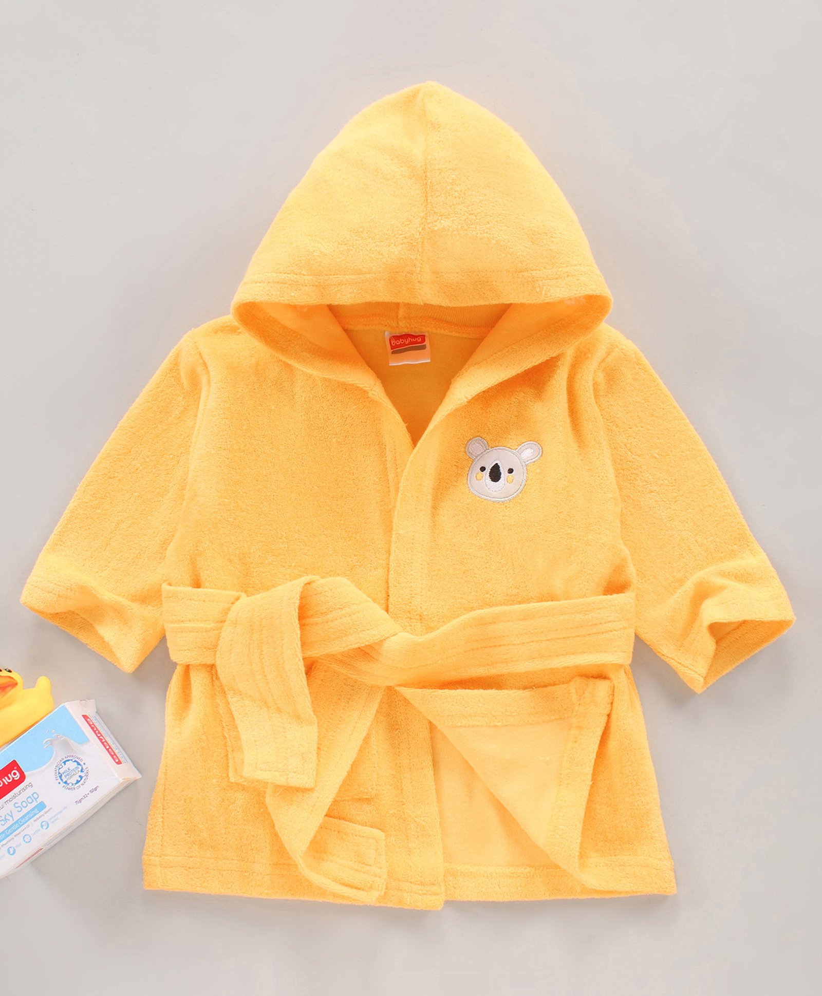 Babyhug Three Fourth Sleeves Hooded Bath Robe Koala Face Embroidery - Yellow-image-43