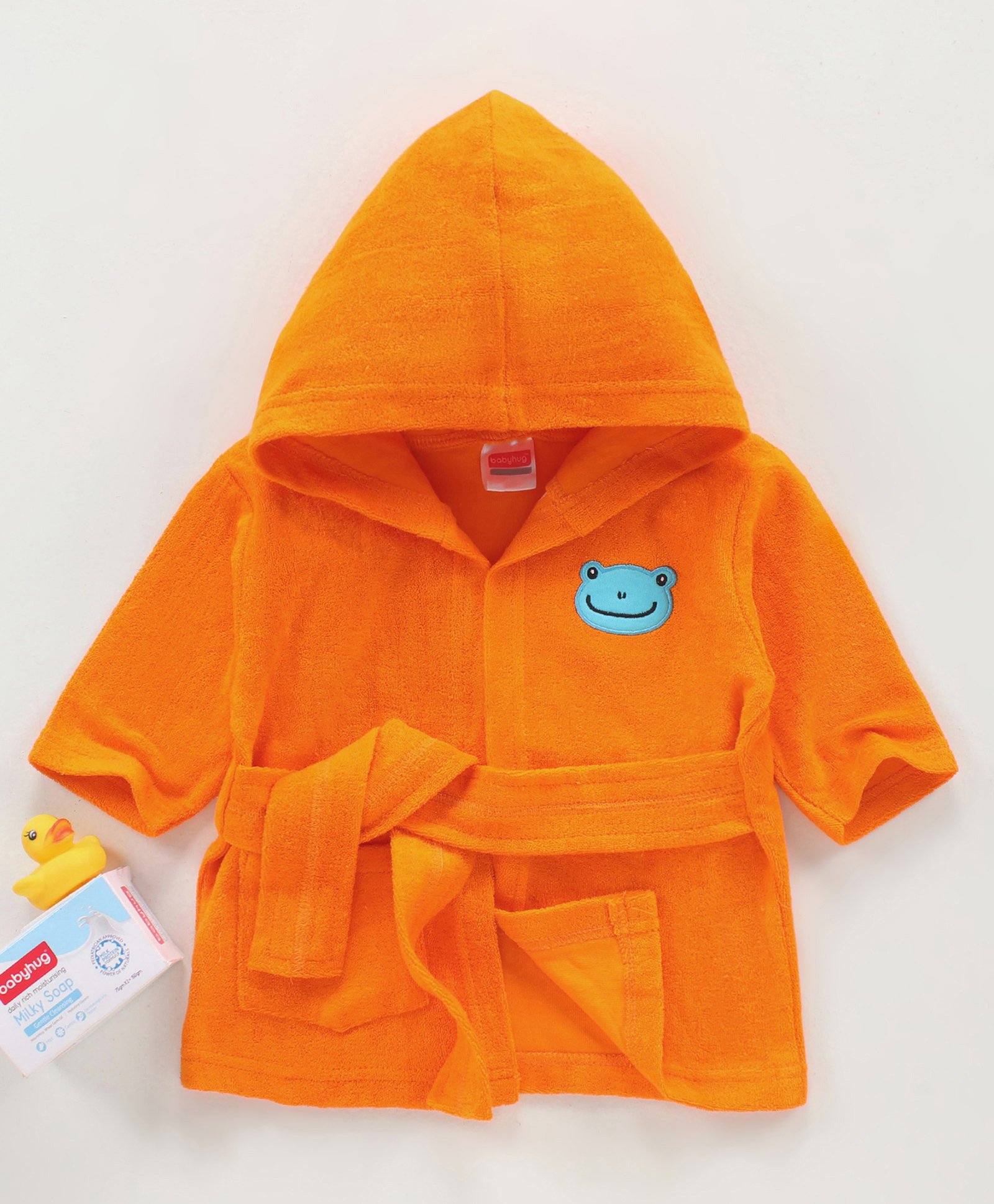 Babyhug Three Fourth Sleeves Hooded Bath Robe Frog Face Embroidery - Orange-image-24