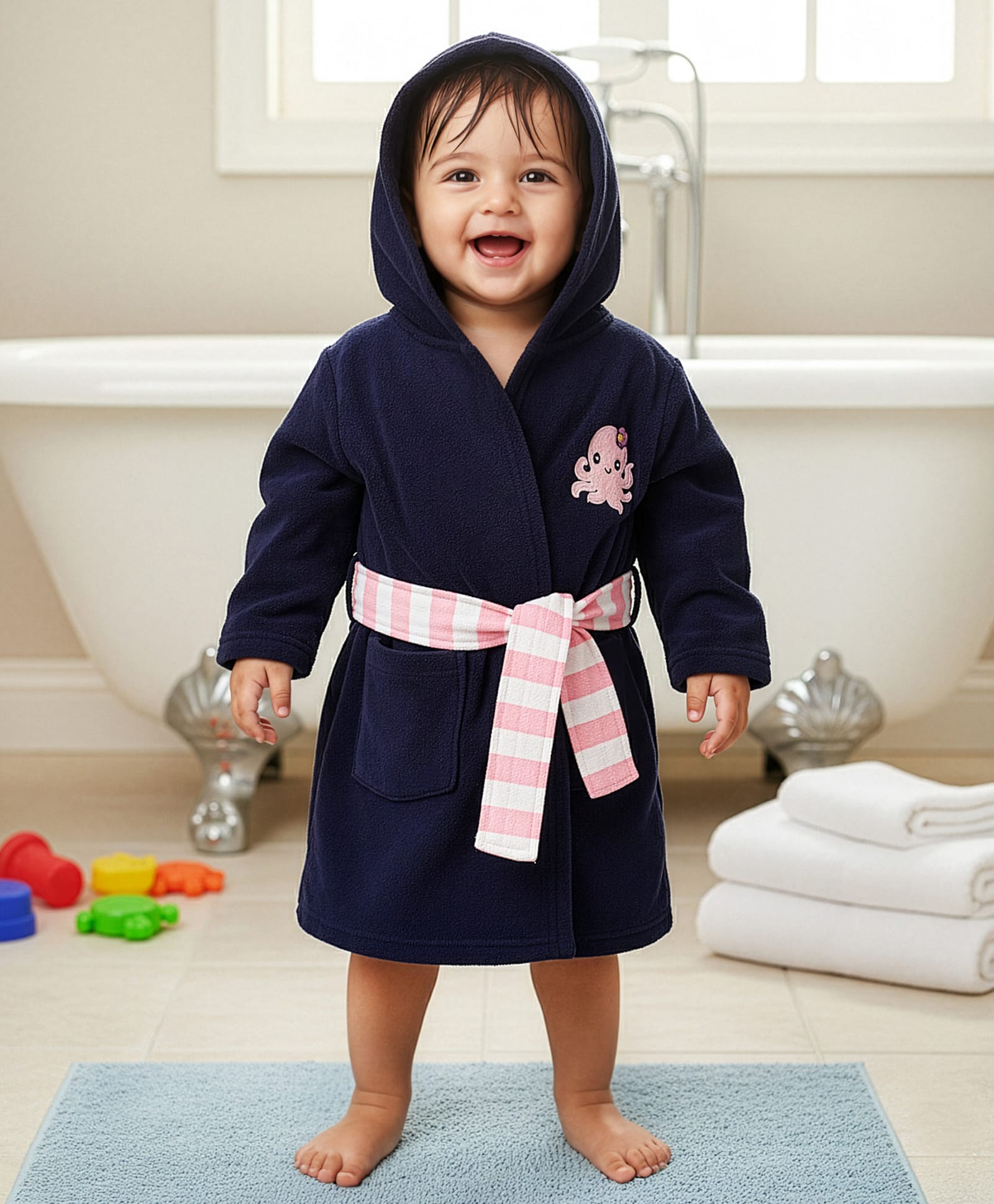 Babyhug Three Fourth Sleeve Bathrobe With Hood And Embroidery - Blue-image-32