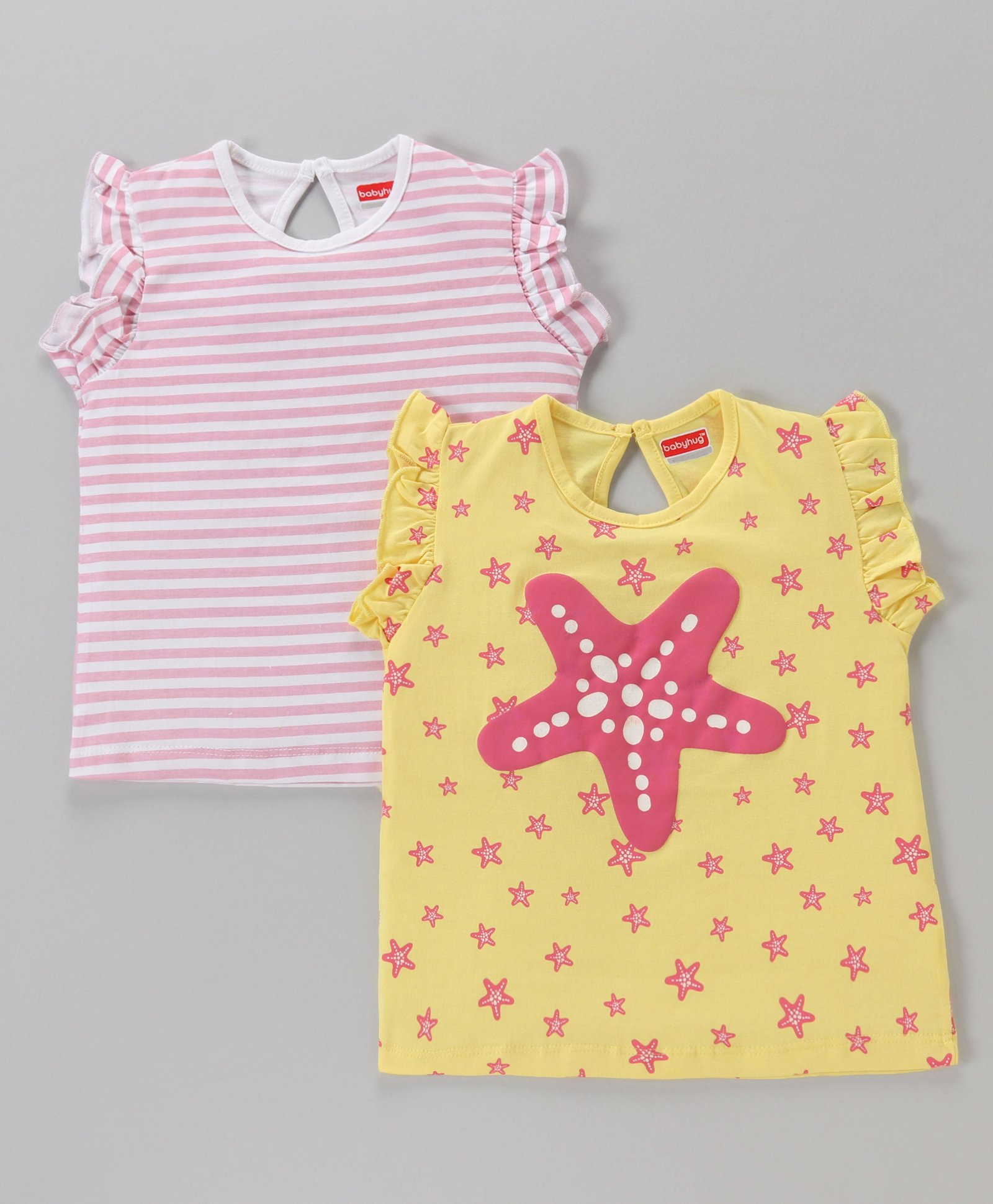 Babyhug Short Sleeves Cotton Striped and Star Graphics Top Pack of 2 - Yellow Peach-image-46