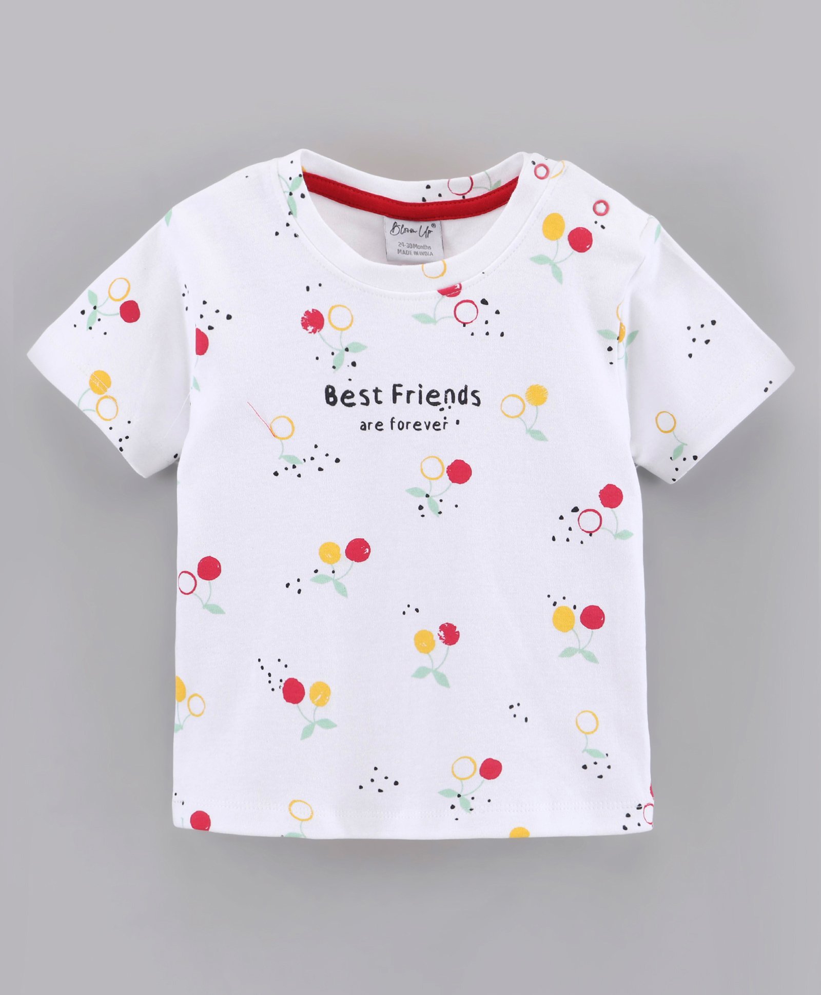 Bloom Up Half Sleeves Cotton T-Shirt Cherry And Best Friends Text Print - White-image-7
