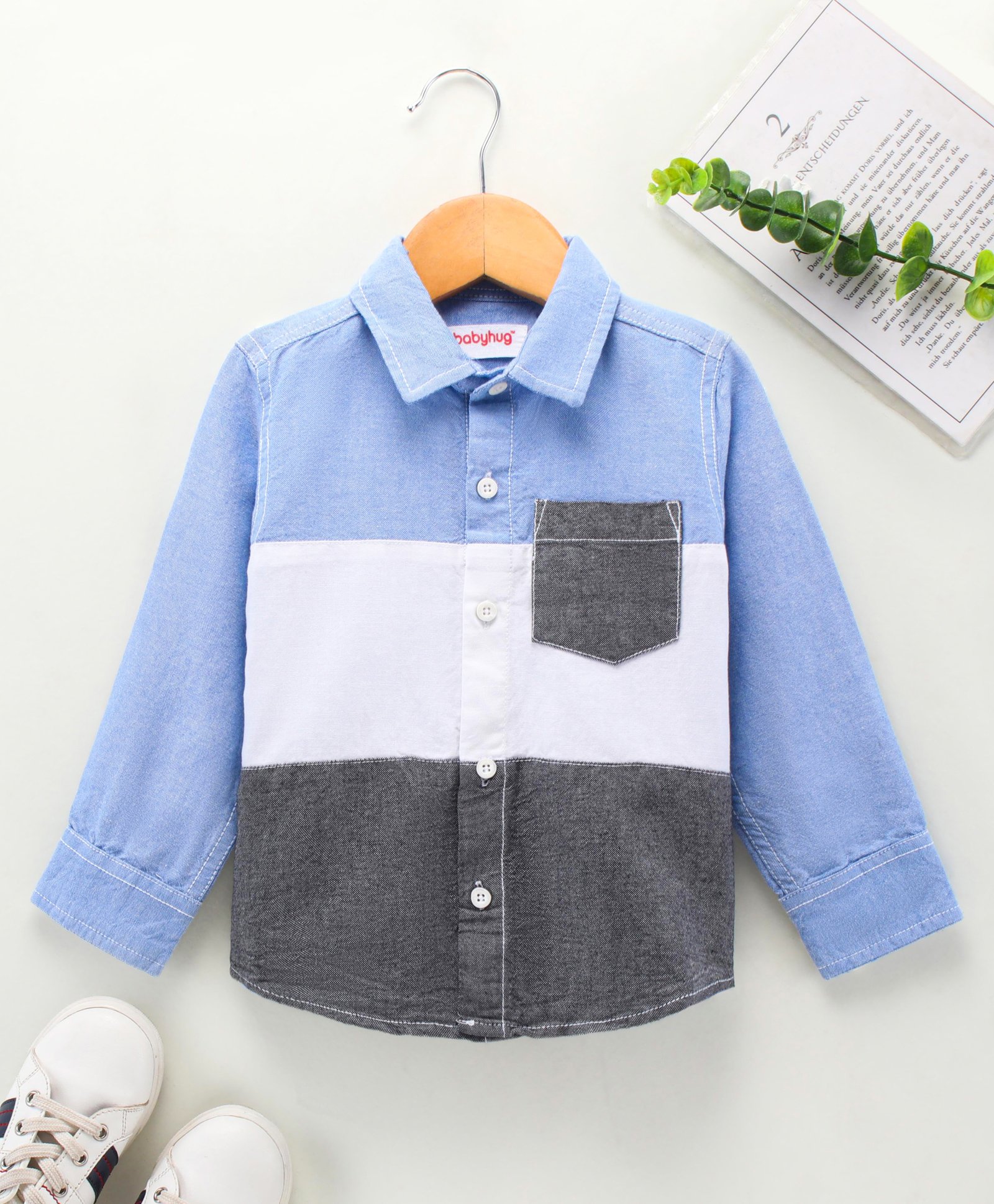 Babyhug Full Sleeves Solid Color Shirt With Front Cut & Sew Pannel - White Blue-picture-23