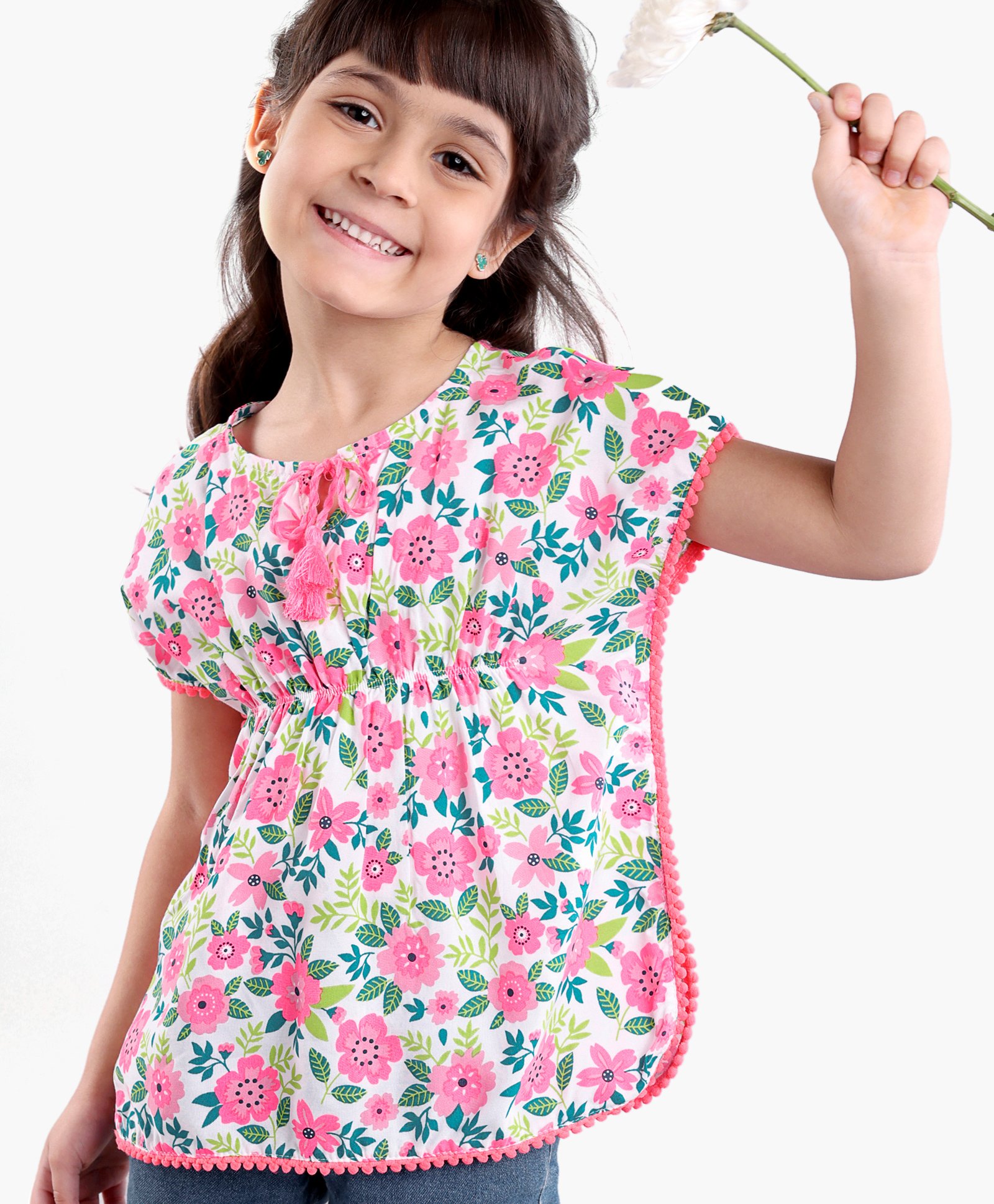 Babyhug Half Sleeves Kaftan Style Top Floral Print with Pom Pom Detailing - White-image-33