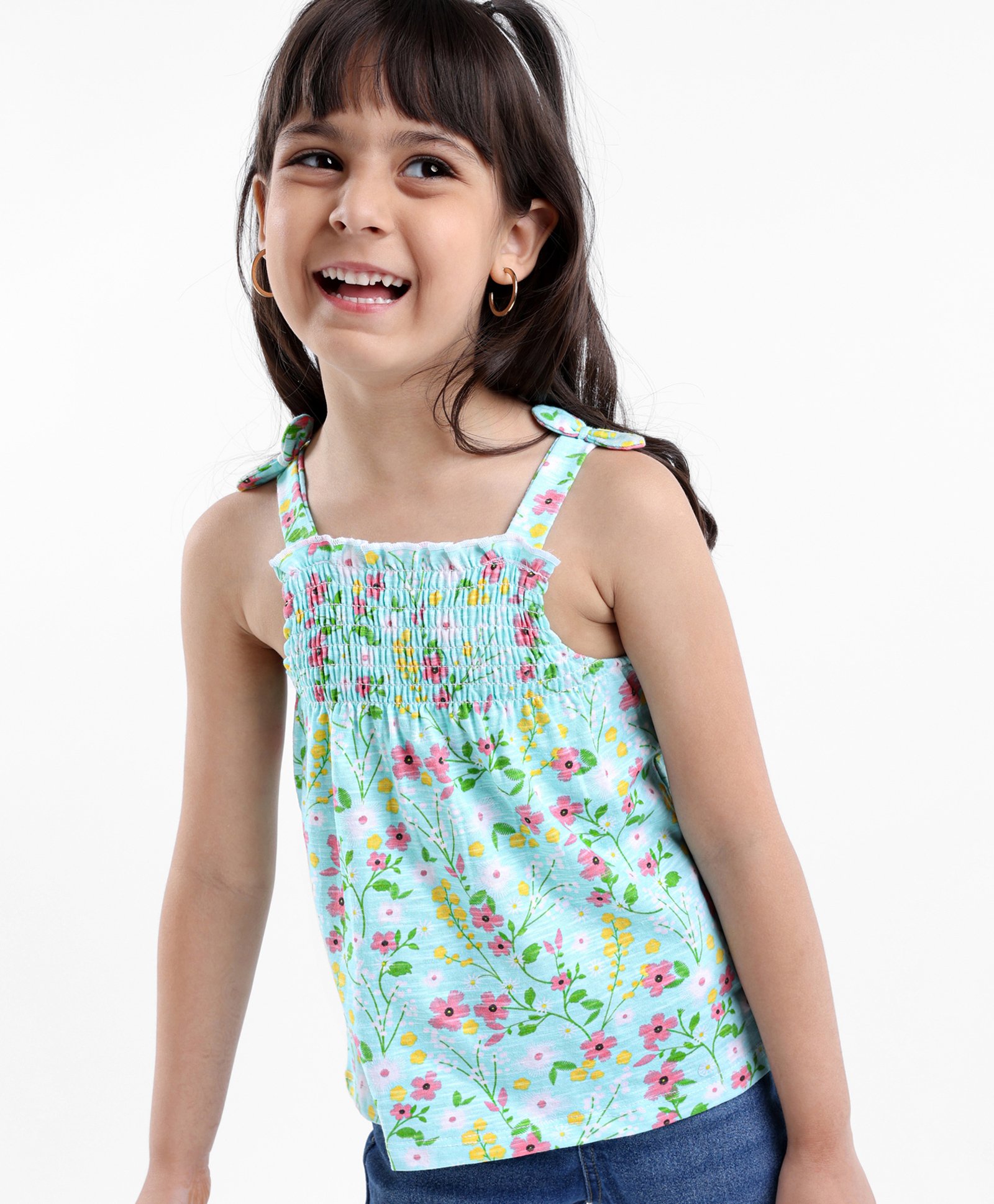Babyhug Singlet Top With Smocking Detailing Floral Print - Blue-image-14