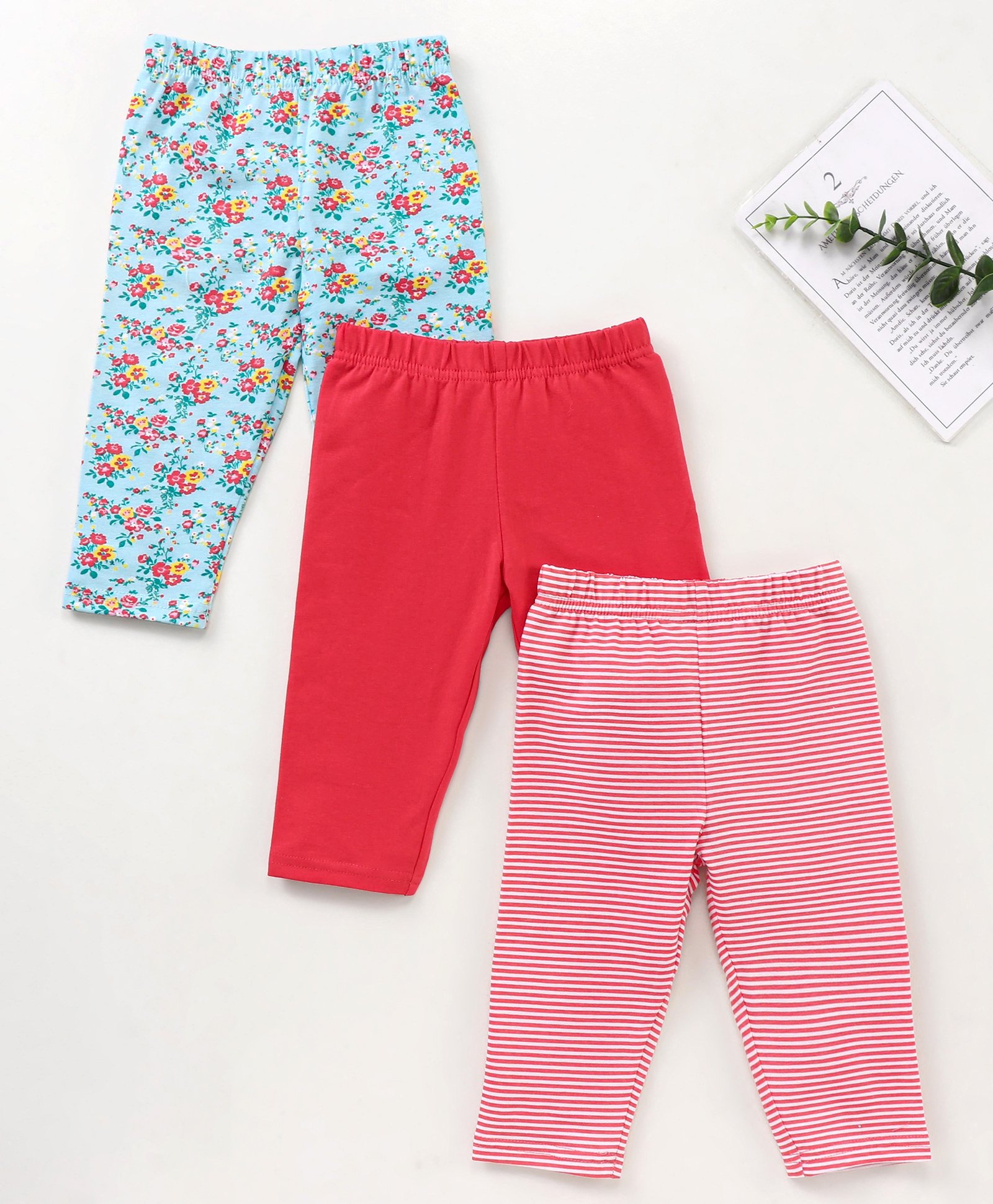 Babyhug Three Fourth Length Cotton Lycra Leggings Floral And Stripe Print Pack Of 3 - Red Blue Pink-image-44