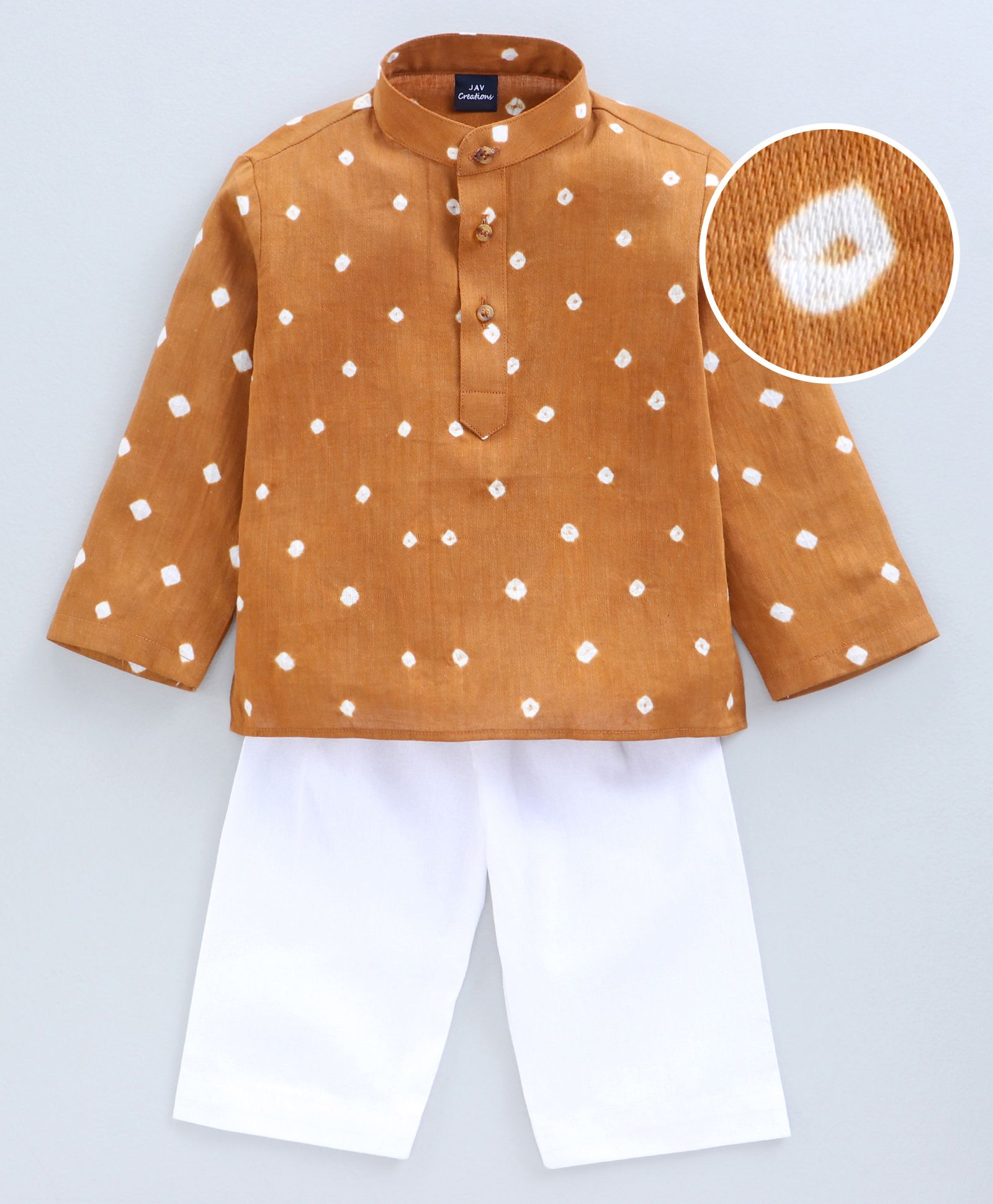 JAV Creations Bandhani Print Full Sleeves Ethnic Kurta With Pajama - Light Brown-picture-20