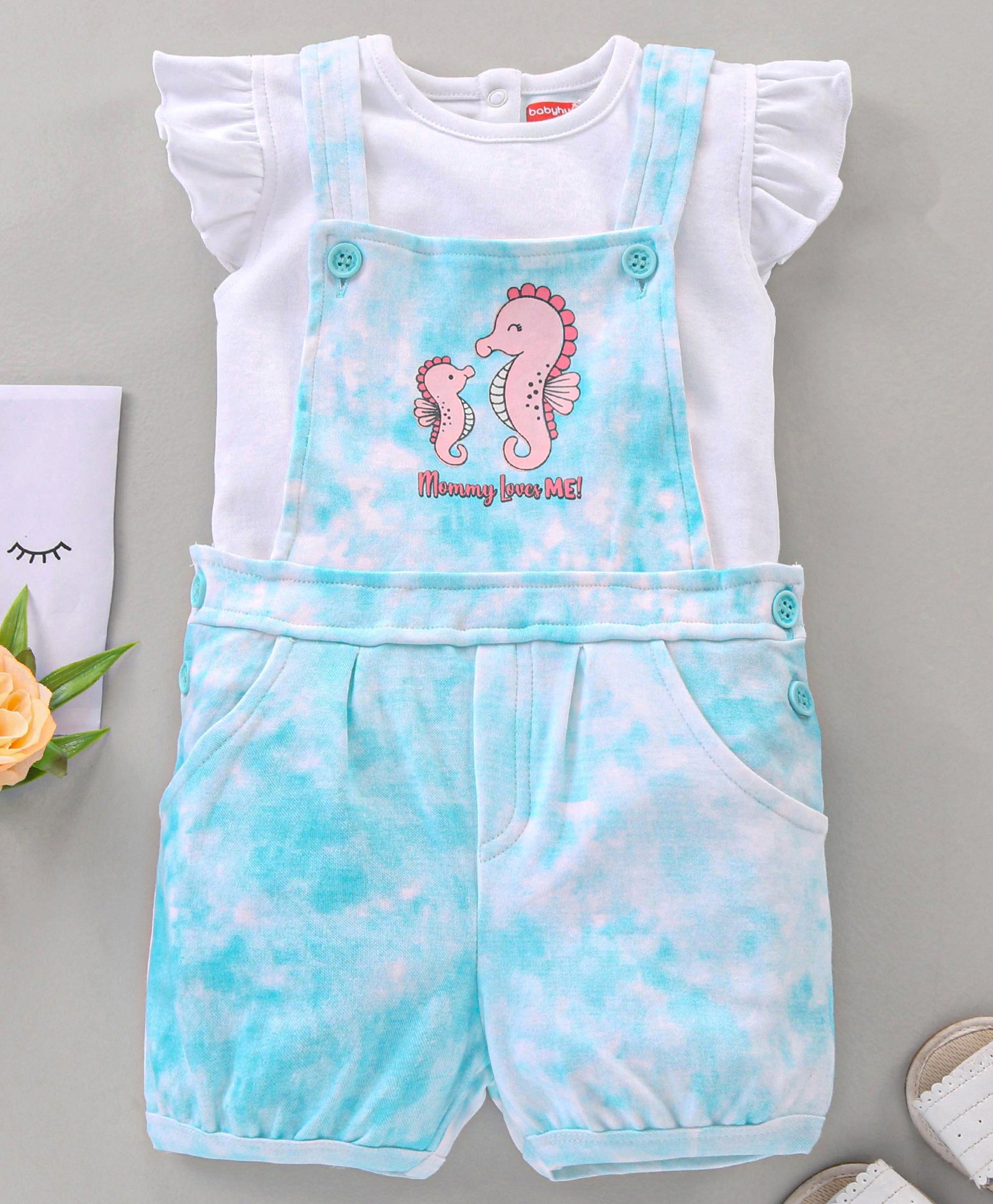 Babyhug Cotton Frill Sleeves Dungarees Set With Tee Printed - Blue White-image-1