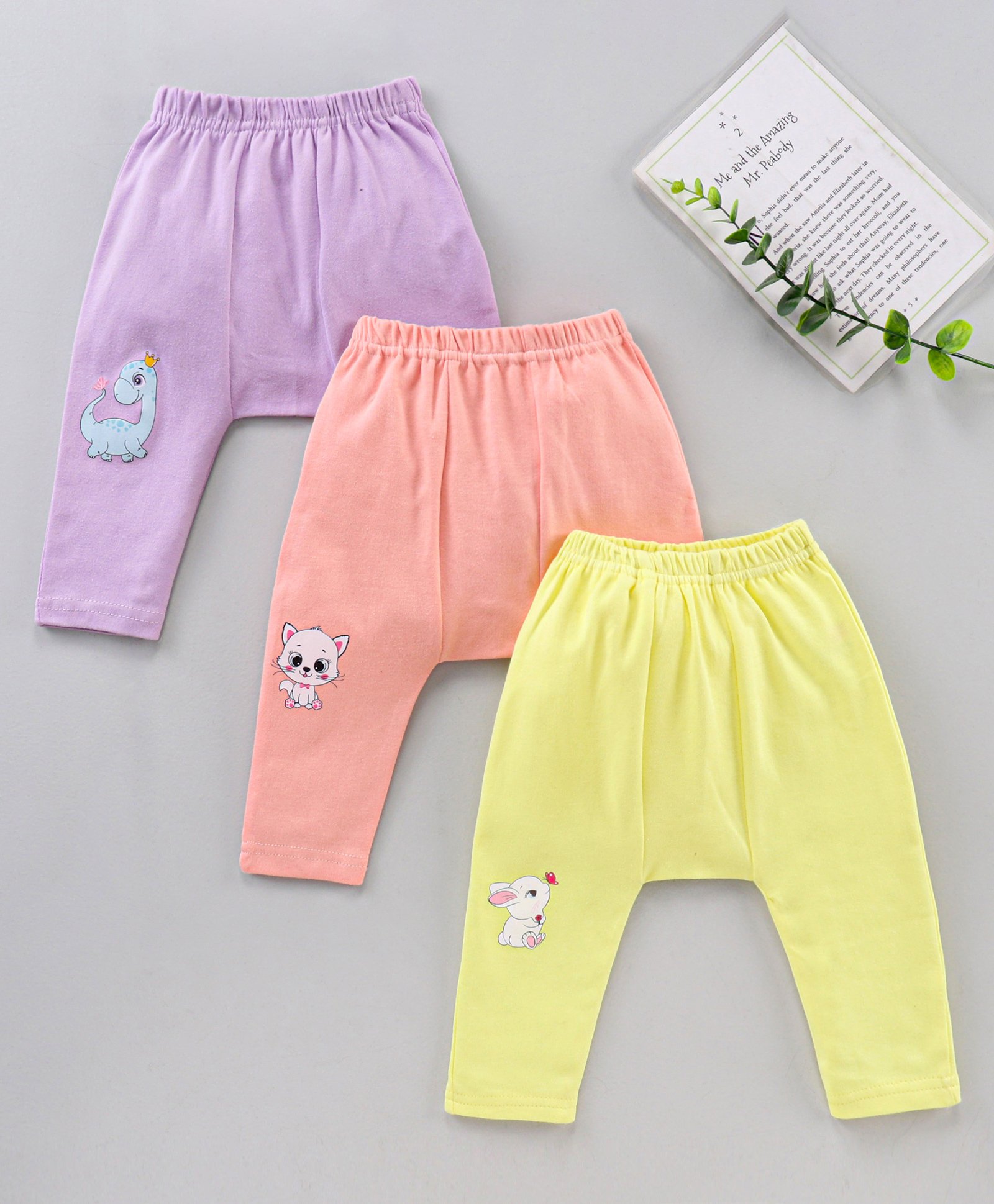Babyhug Antimicrobial Wash Ankle Length Diaper Pants Pack of 3 - Purple Pink Yellow-image-19
