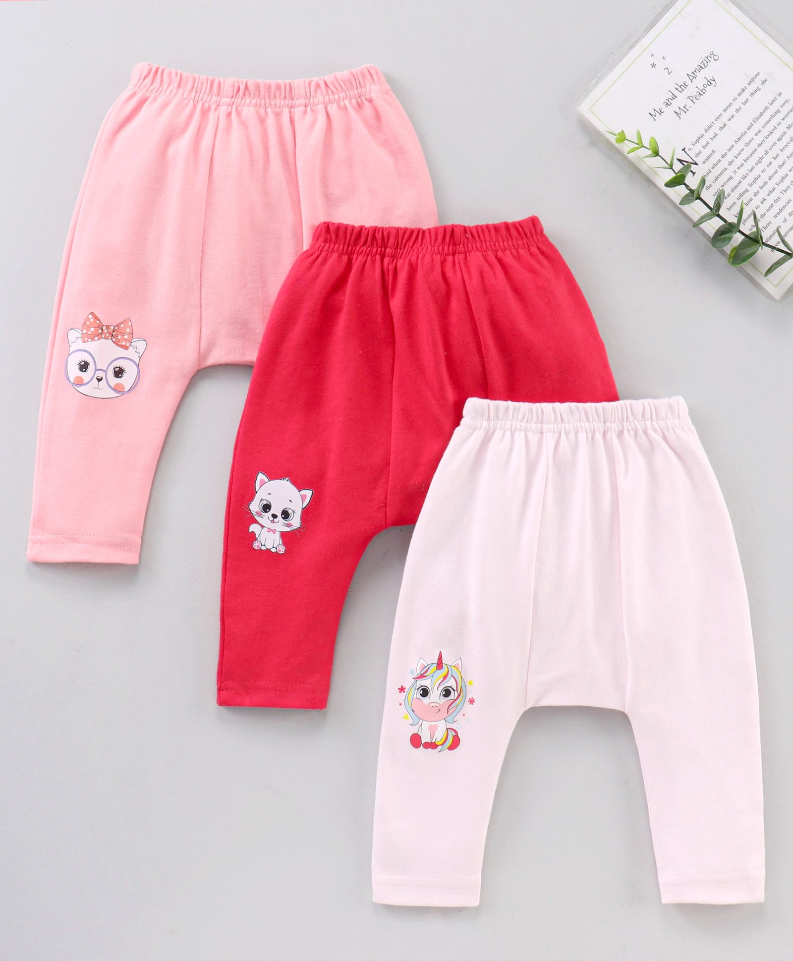 Babyhug Anle Length Atimicrobial Cotton Diaper Leggings Kitty Print Pack Of 2 - Pink Red