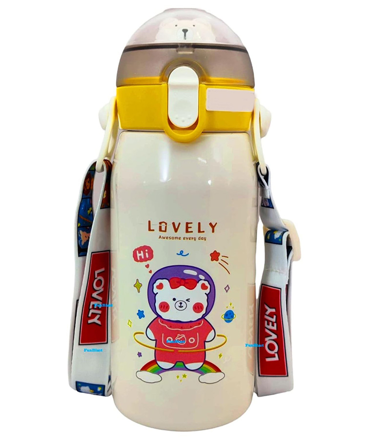 FunBlast BPA Free Double Walled Vacuum Insulated Stainless Steel Cartoon Print Water Bottle with Straw Cream- 530 ML-picture-16