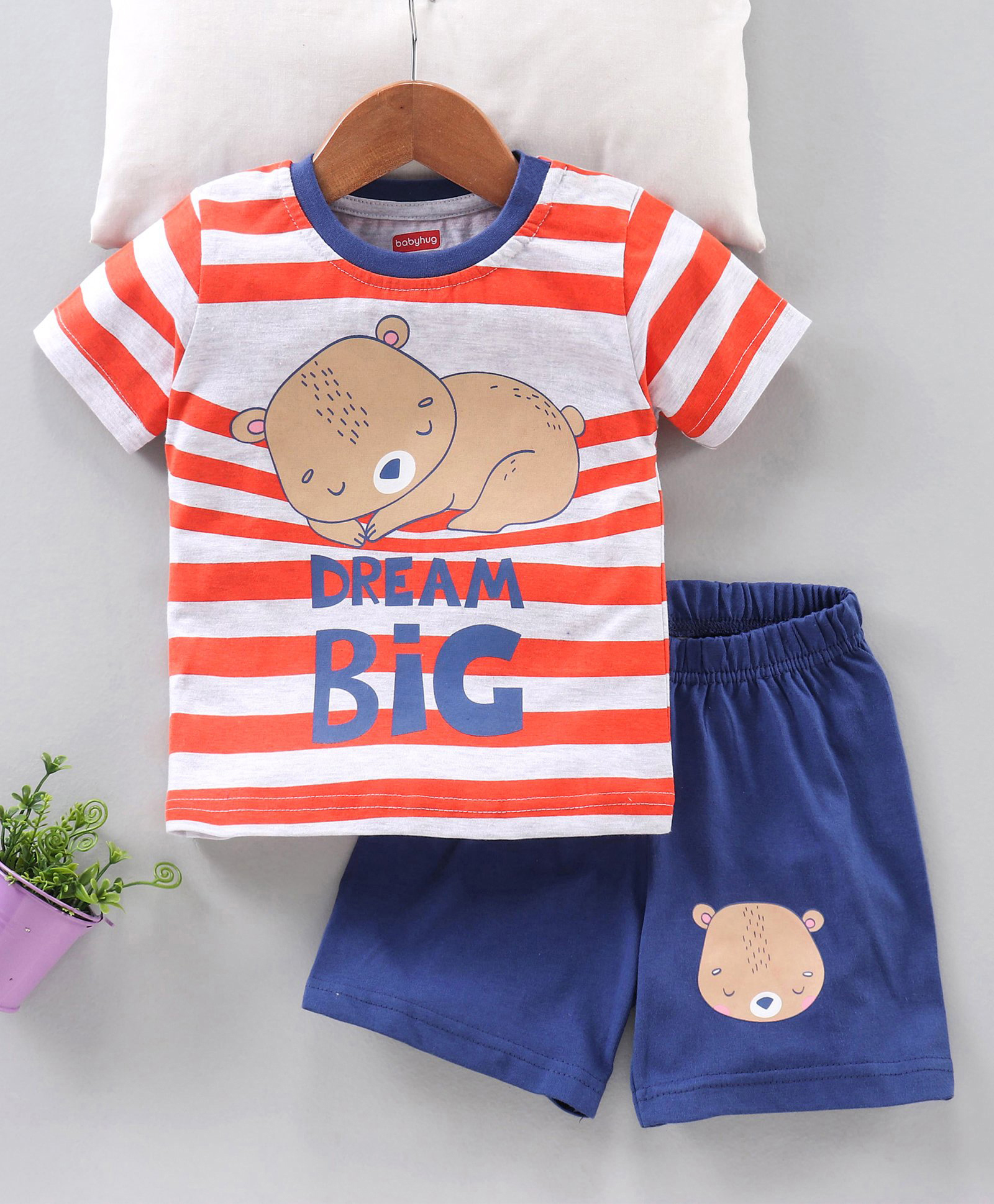 Babyhug Half Sleeves Shorts Night Suit Bear & Stripes Print - Red Blue-image-12