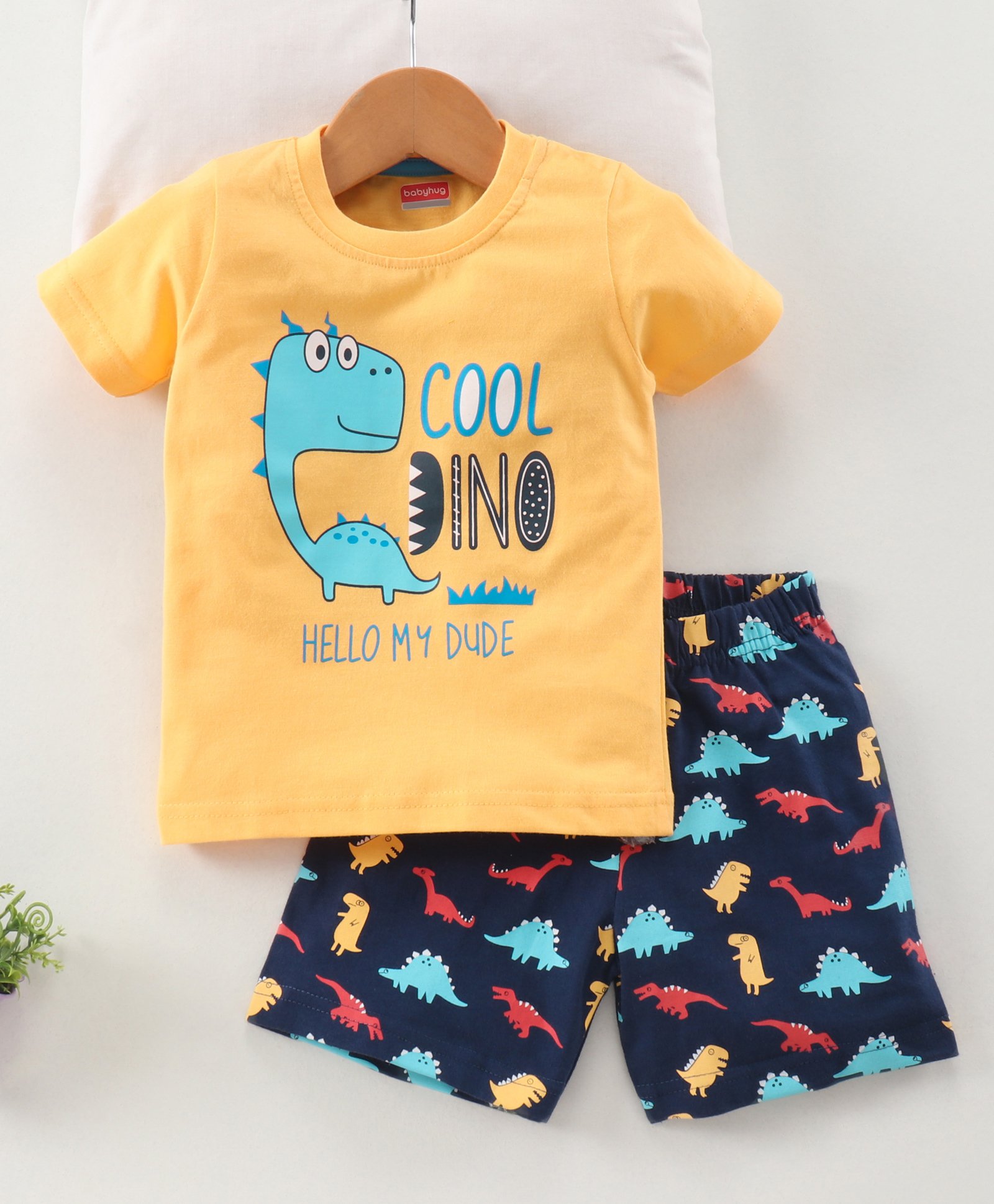 Babyhug Half Sleeves Shorts Night Suit Dinosaurs Print - Yellow Navy Blue-picture-14