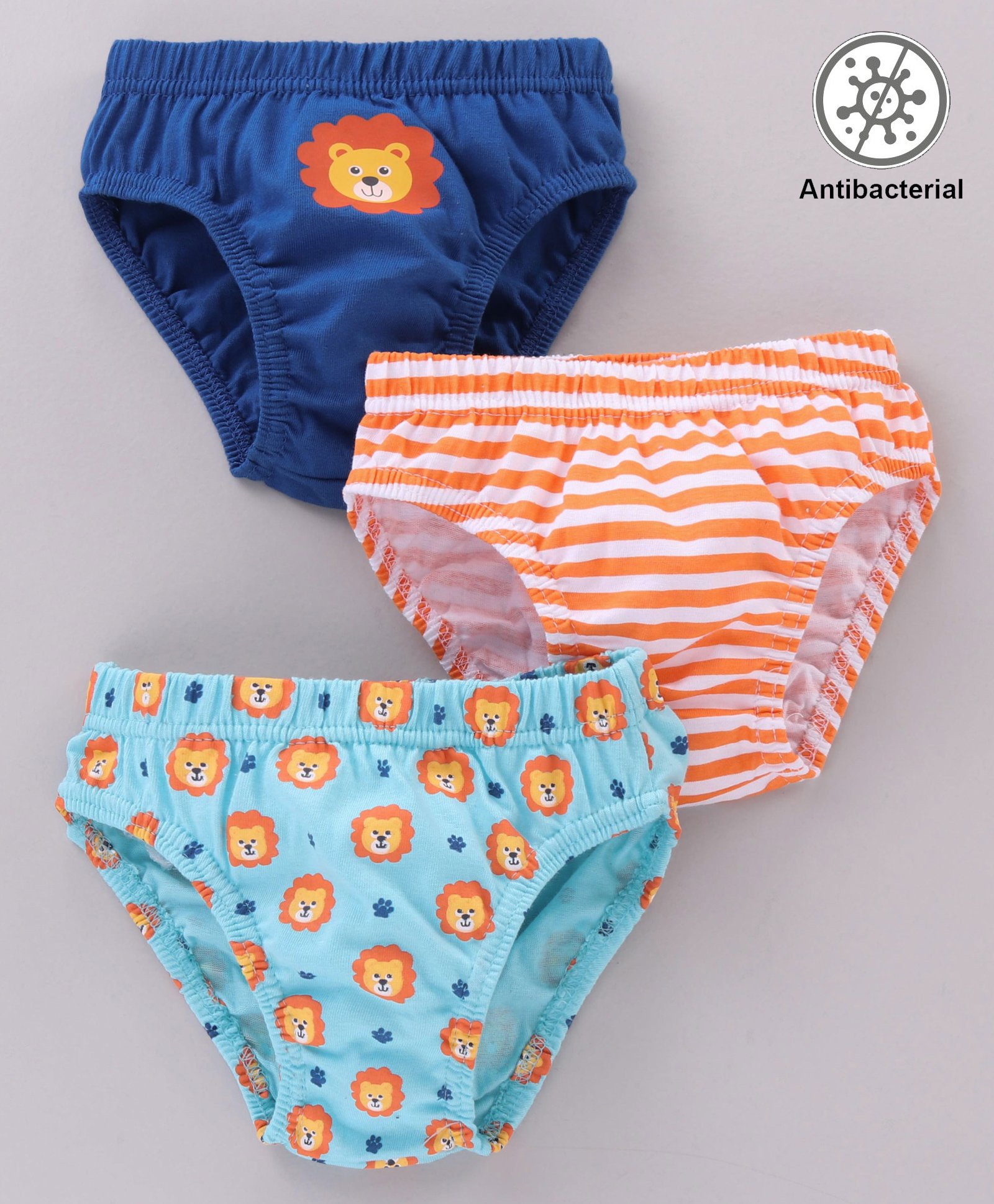 Babyhug Cotton Lion Print & Striped Briefs Pack Of 3 - Blue & Orange-image-0