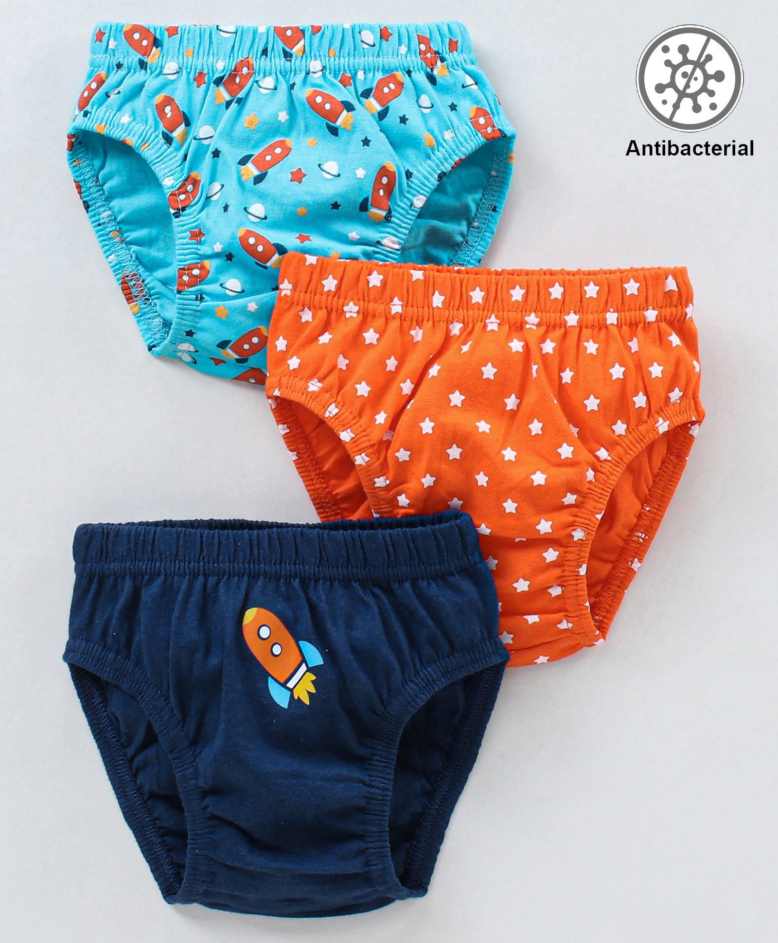 Babyhug Antibacterial Cotton Briefs Rocket And Star Print Pack Of 3 - Blue Orange-image-16