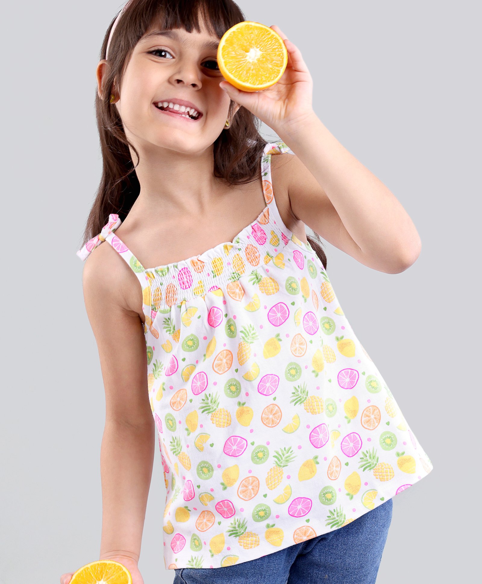 Babyhug Singlet Sleeves Top Fruits Embroidered - White-image-10