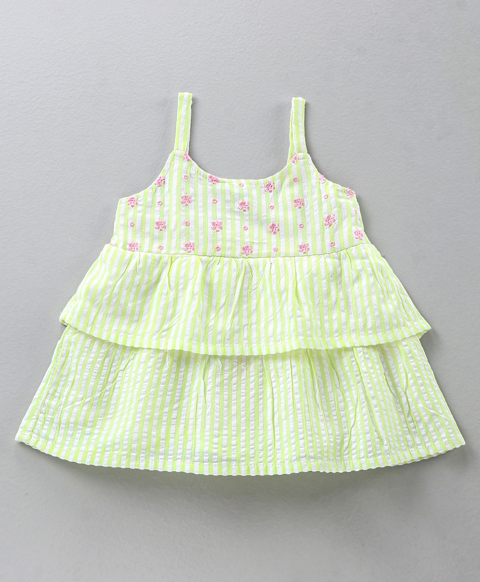 Babyhug Seer-Sucker Singlet Striped Top with Smocking & Floral Embroidery - Lime-image-10