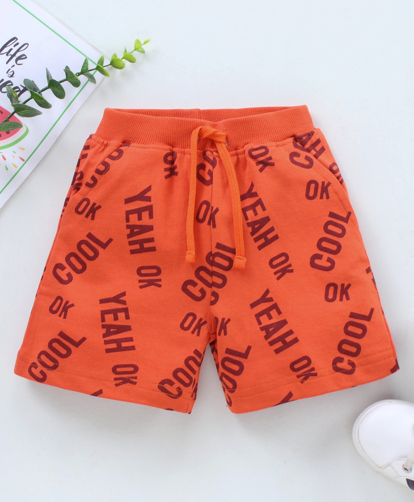 Babyhug Cotton Shorts Text Print - Orange-image-3