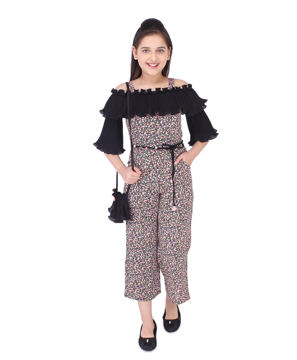 Cutecumber Three Fourth Sleeves Floral Printed Cold Shoulder Crop Length Jumpsuit With Sling Bag - Black-image-17