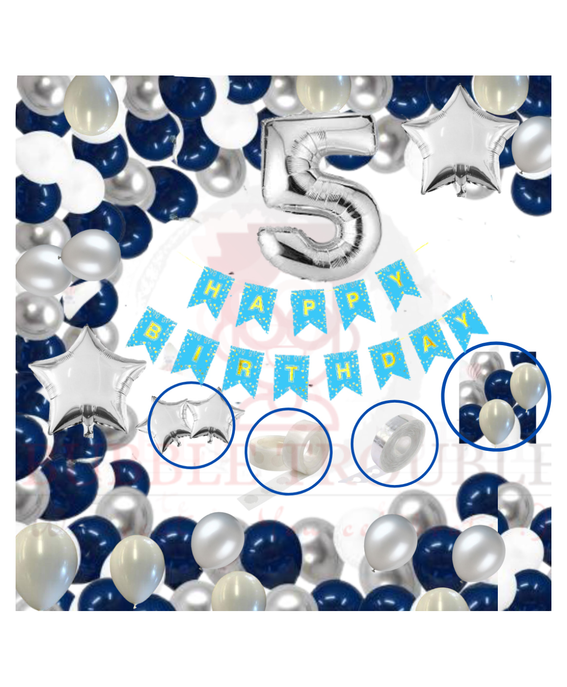Bubble Trouble Happy Birthday Balloons Decoration Kit Combo  Dark Blue Silver White Theme - Pack of 81-picture-31