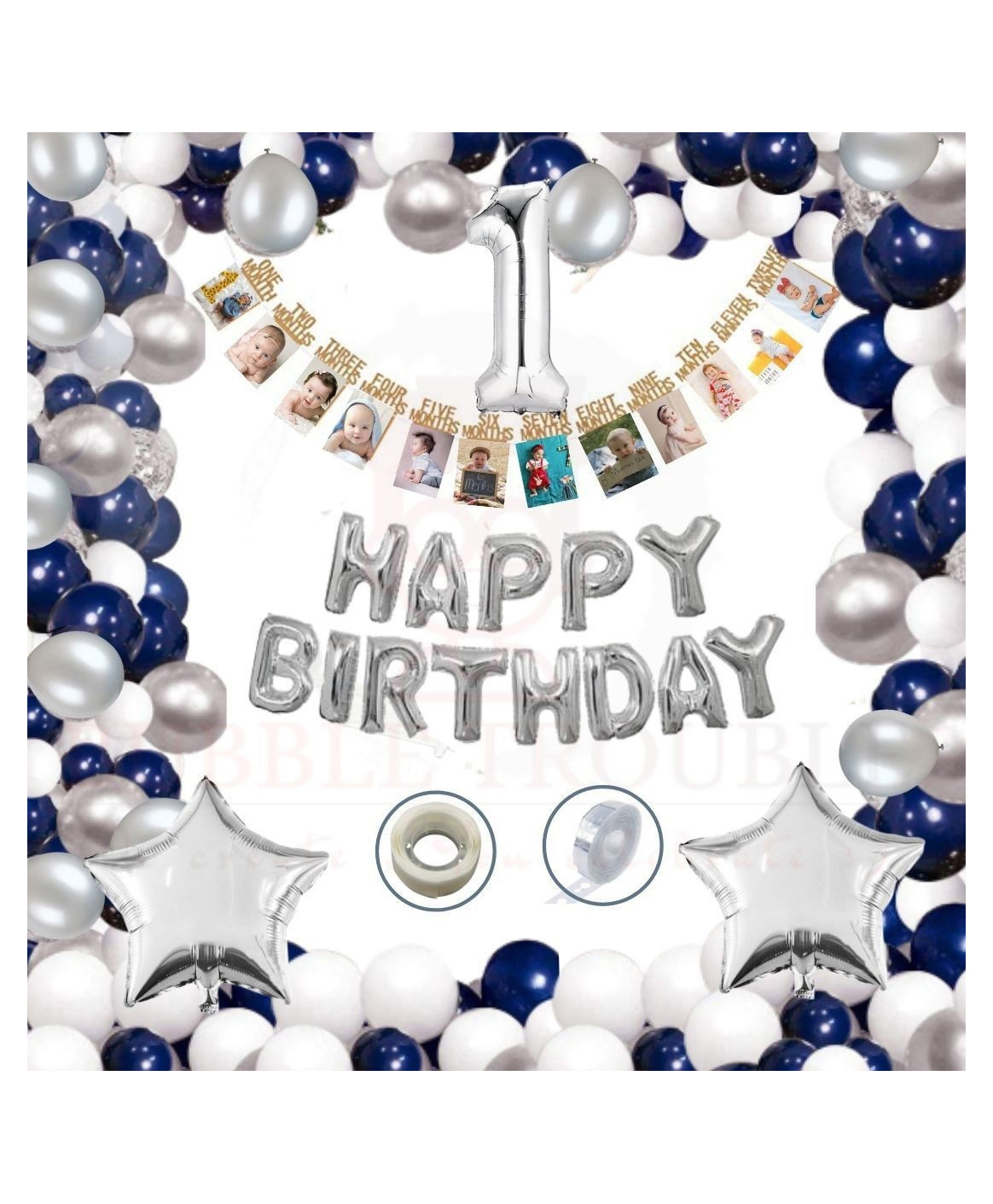 Bubble Trouble Happy Birthday Balloons Decoration Kit Combo 13 letter banner 1st Birthday Dark Blue Silver White Theme - Pack of 67-picture-32