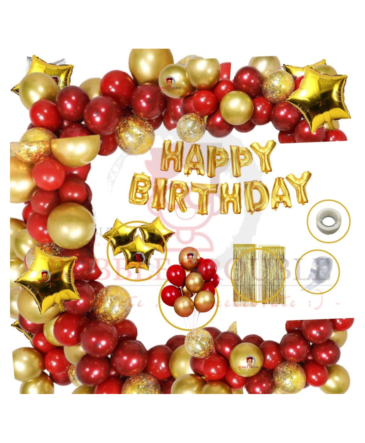 Bubble Trouble Red Gold Foil Boys Girls Happy Birthday Balloon Foil Decoration Kit Red Gold - Pack of 110-image-48