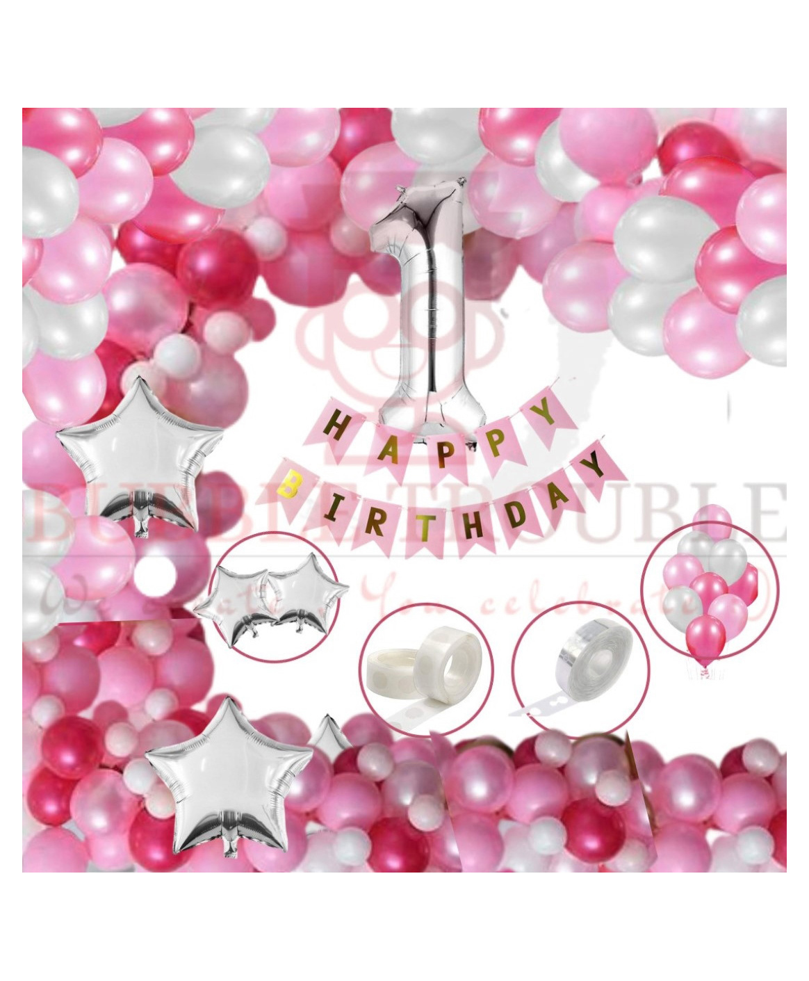 Bubble Trouble First Happy Birthday Balloons Decoration Kit Combo Pink White Theme -Pack of 81-image-36