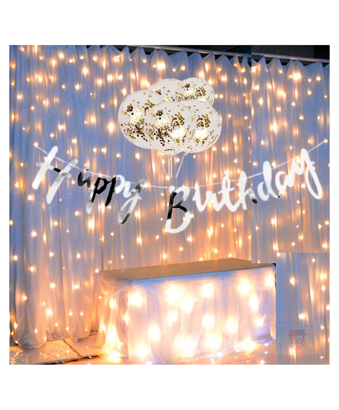 Bubble Trouble Silver Bunting Happy Birthday Banner With Fairy Light & Confetti Balloons Combo - Pack of 7-image-48