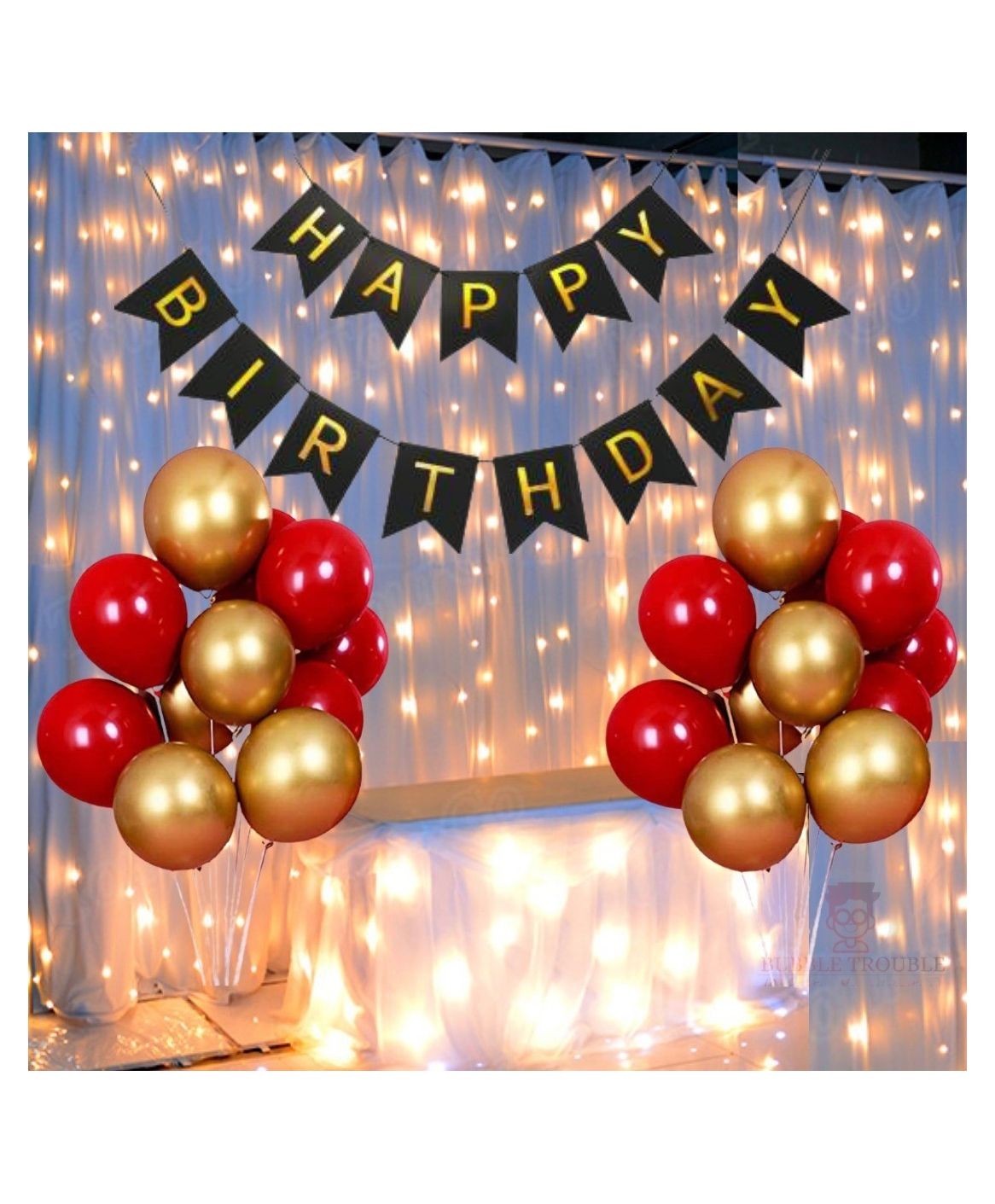Bubble Trouble Balloons Happy Birthday Banner With Fairy Light & Balloons Red Gold - Pack of 32-image-49