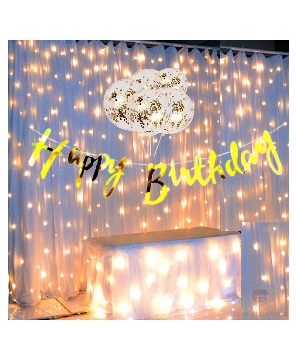 Bubble Trouble Gold Bunting Happy Birthday Banner With Fairy Light & Confetti Balloons Combo - Pack of  7-image-49