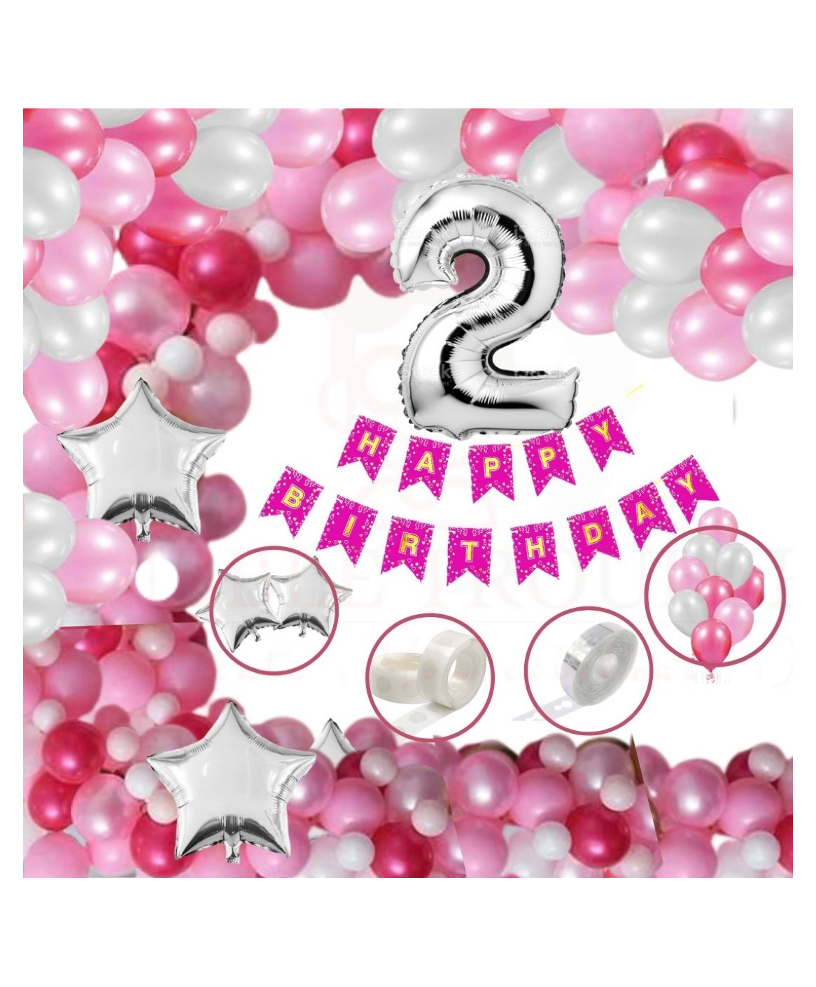 Bubble Trouble Solid Happy Birthday Balloons Decoration Kit Combo Pink - Pack of 81-image-36