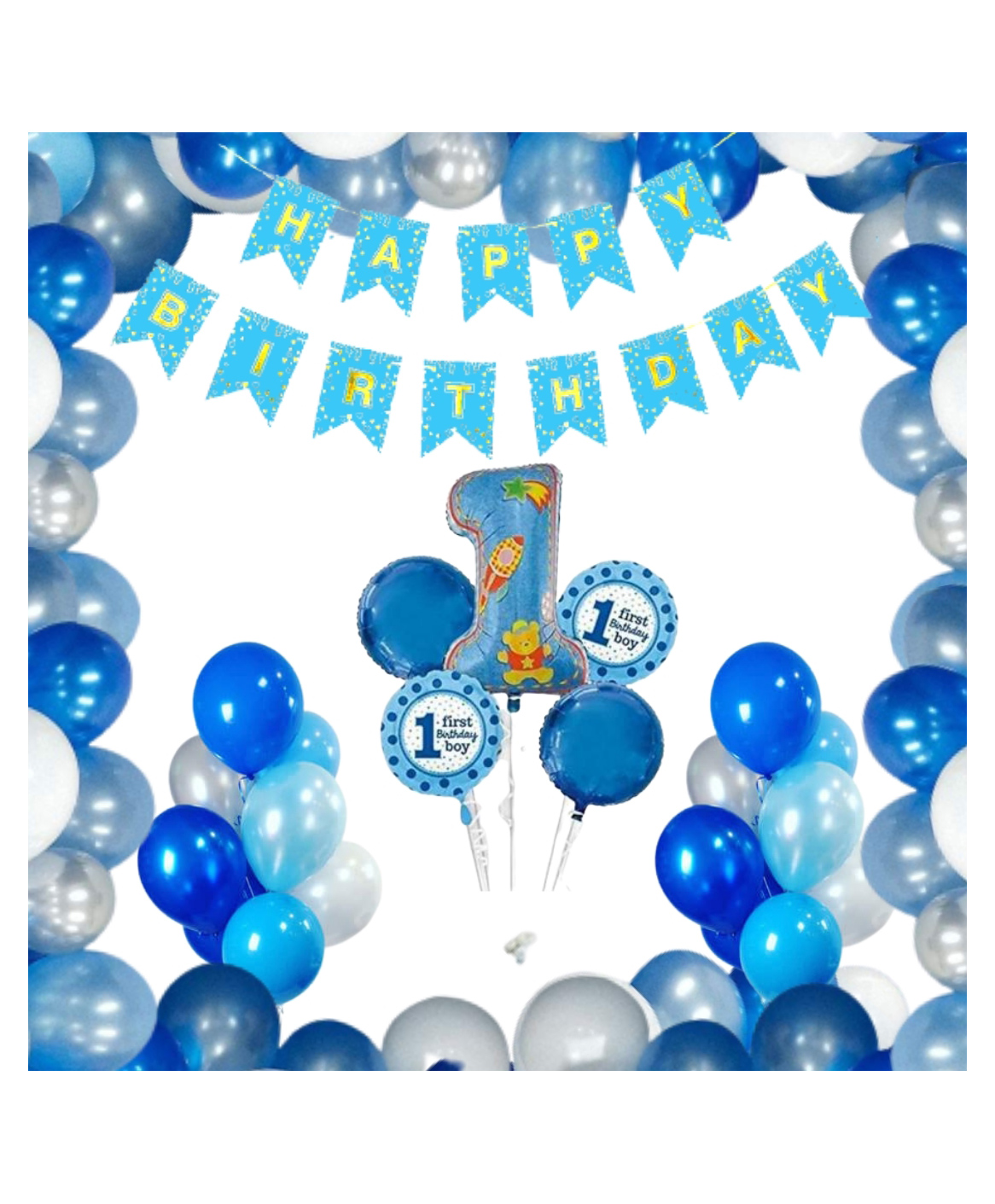 Bubble Trouble Solid First Birthday Decoration Items for Boys Blue Silver White Theme - Pack of 46-image-3