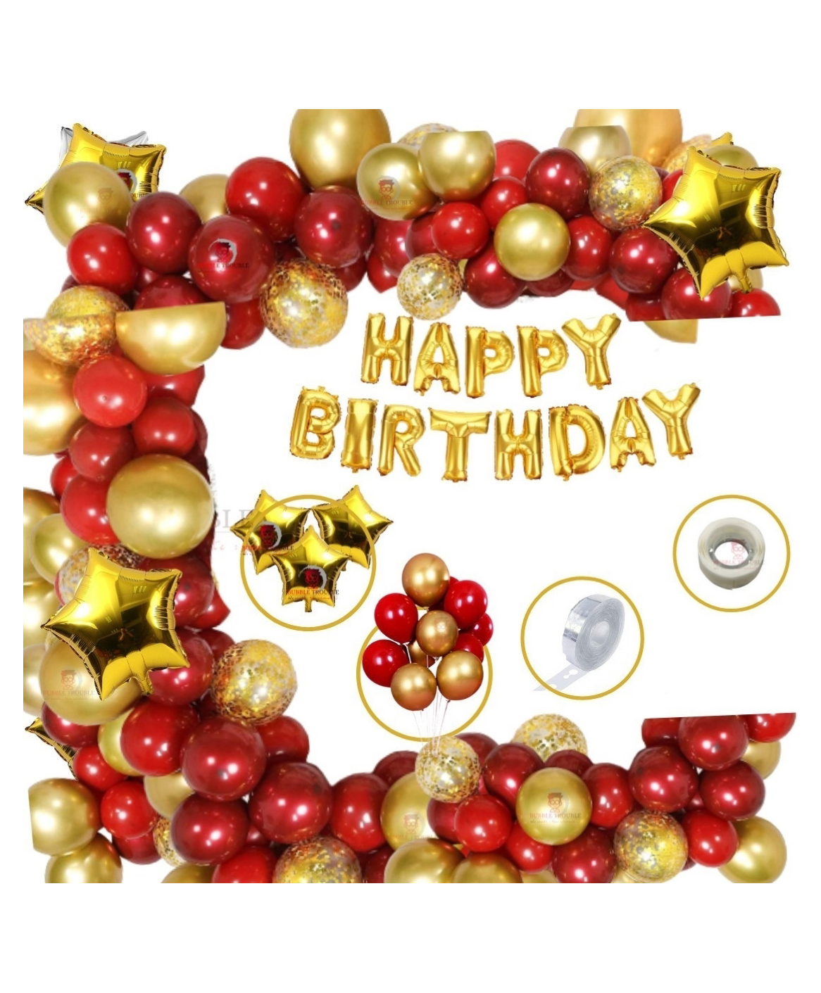 Bubble Trouble Red Gold Foil Happy Birthday Balloon Foil Decoration Kit Combo Red Gold - Pack of 108