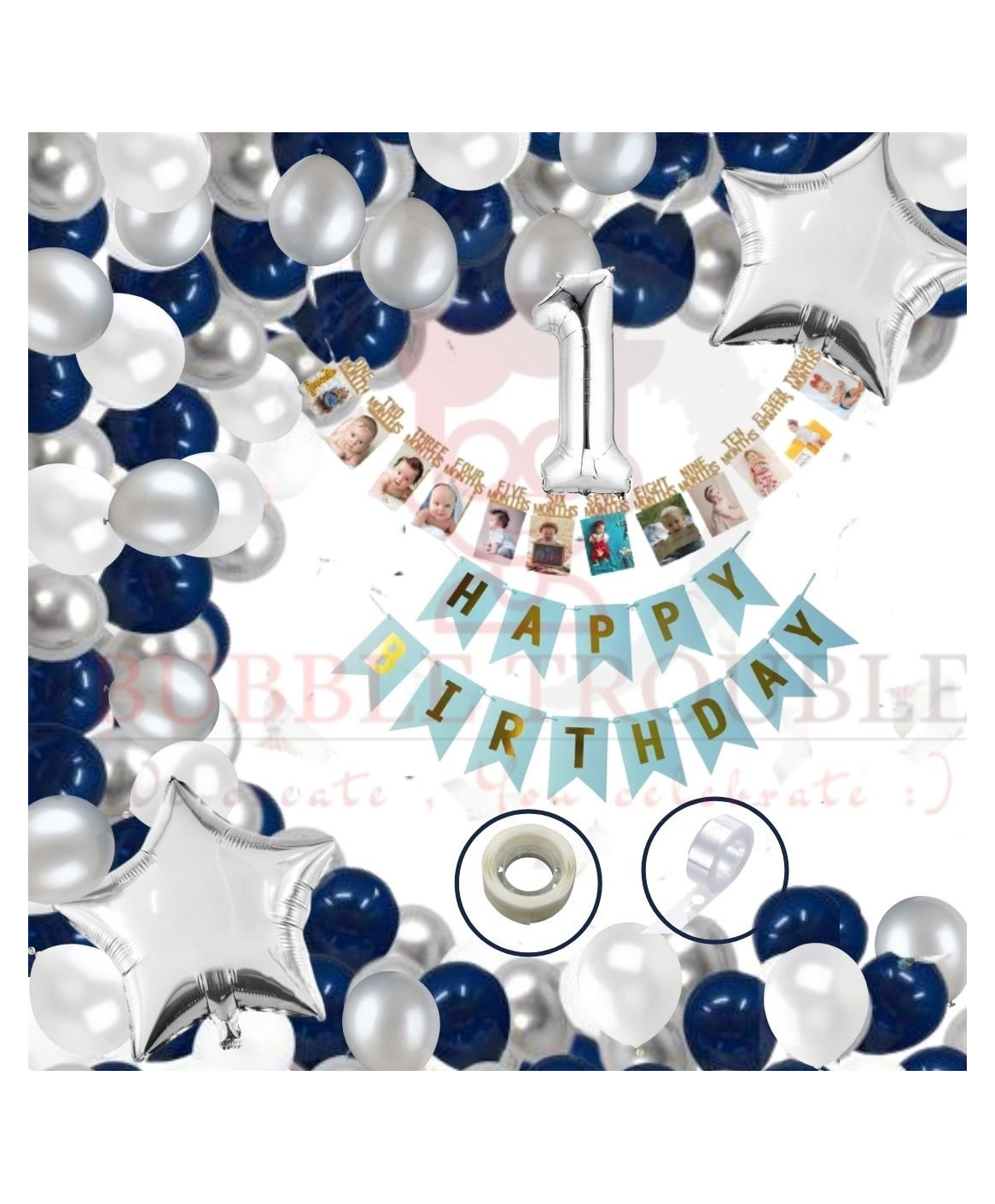 Bubble Trouble Happy Birthday Balloon Decoration Kit Combo Blue Theme - Pack of 67-image-12