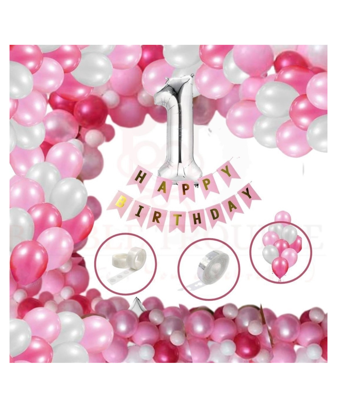 Bubble Trouble Girls Boys Happy Birthday Balloons Decoration Kit Combo ,13 Letters Happy birthday Banner Pink White Theme Pack of 64-image-43