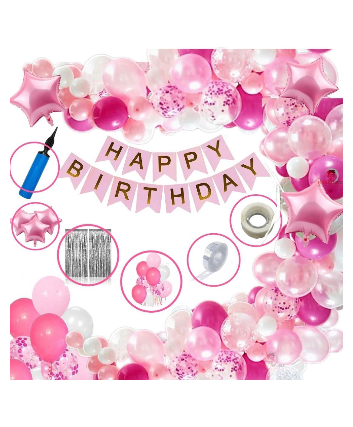 Bubble Trouble Pink Happy Birthday Balloon Foil Decoration Kit Combo Pink Theme - Pack of 99-image-14
