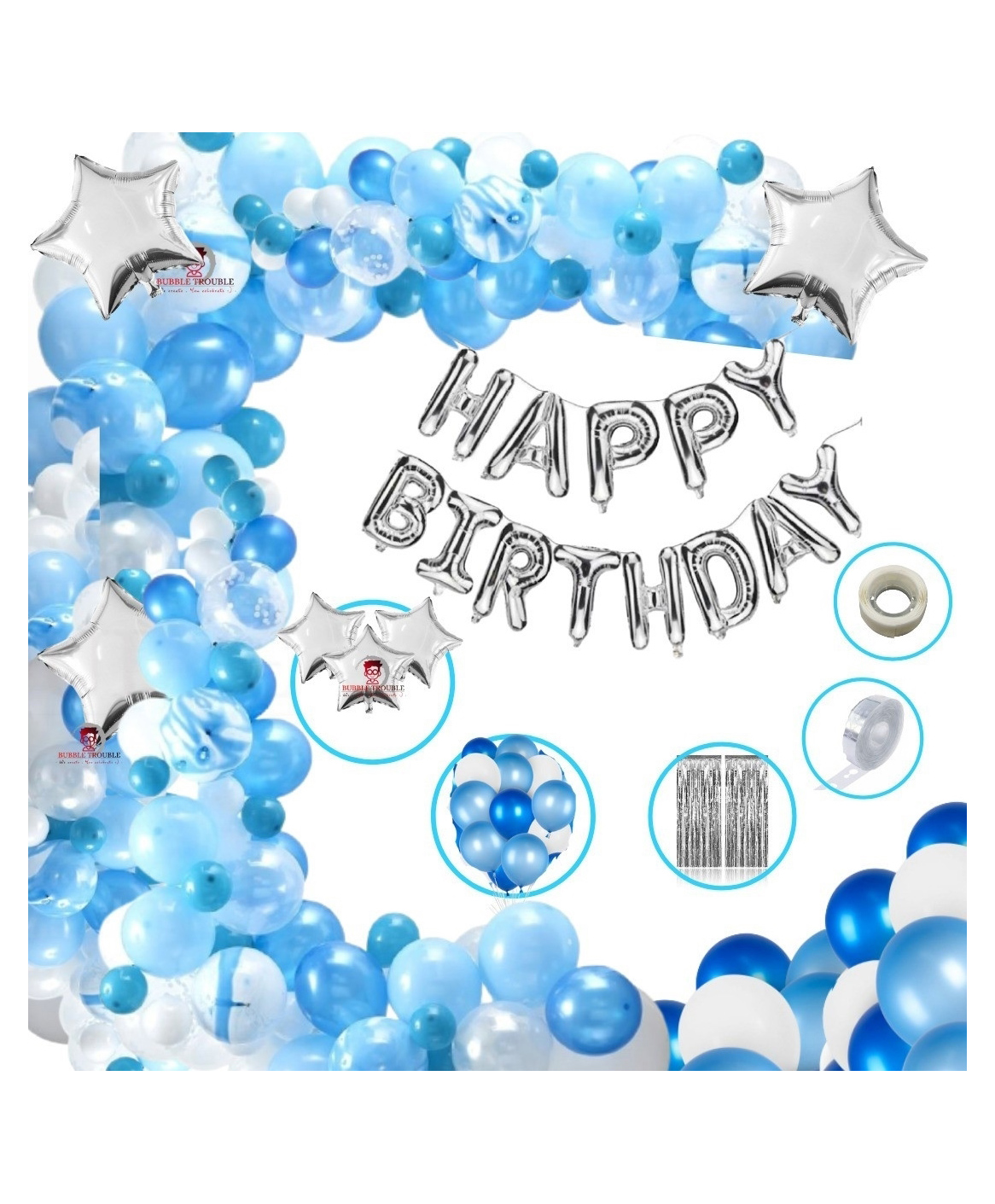 Bubble Trouble Foil Blue Girls Boys Happy Birthday Balloon Foil Decoration Kit Combo Blue Theme - Pack of 110-image-38