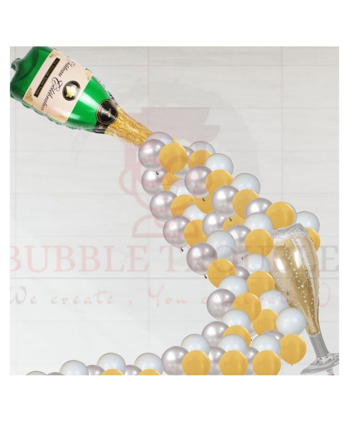 Bubble Trouble Happy Birthday Balloons Decoration Kit Combo Big Champange Bottle ,Wine Glass Foil Gold Silver White Theme - Pack of 48-image-42