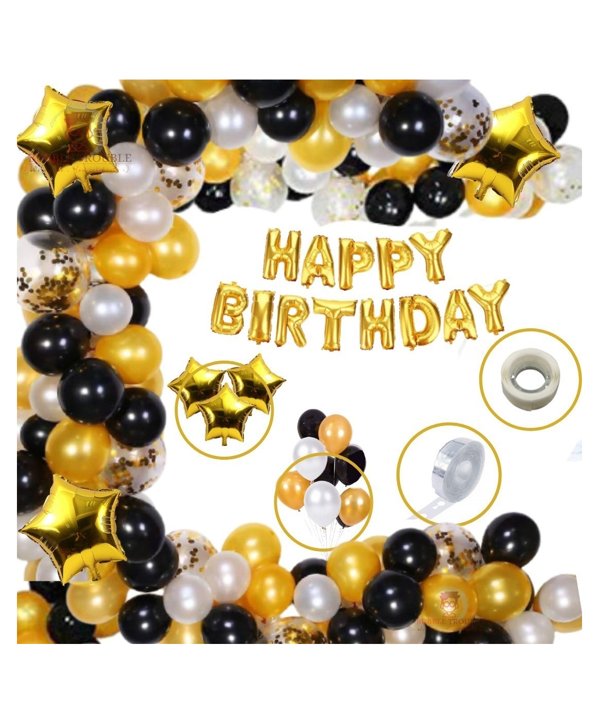 Bubble Trouble Gold Foil Boys Girls Happy Birthday Balloon Foil Decoration Kit Combo Gold - Pack of 108-image-41