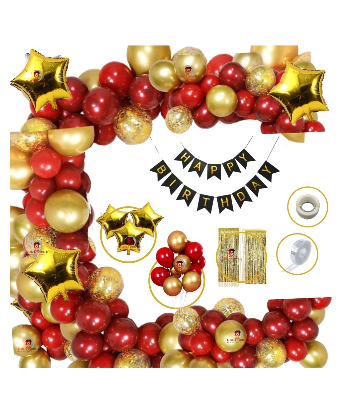 Bubble Trouble Happy Birthday Balloon Banner Decoration Kit Combo Red Gold - Pack of 98-image-28