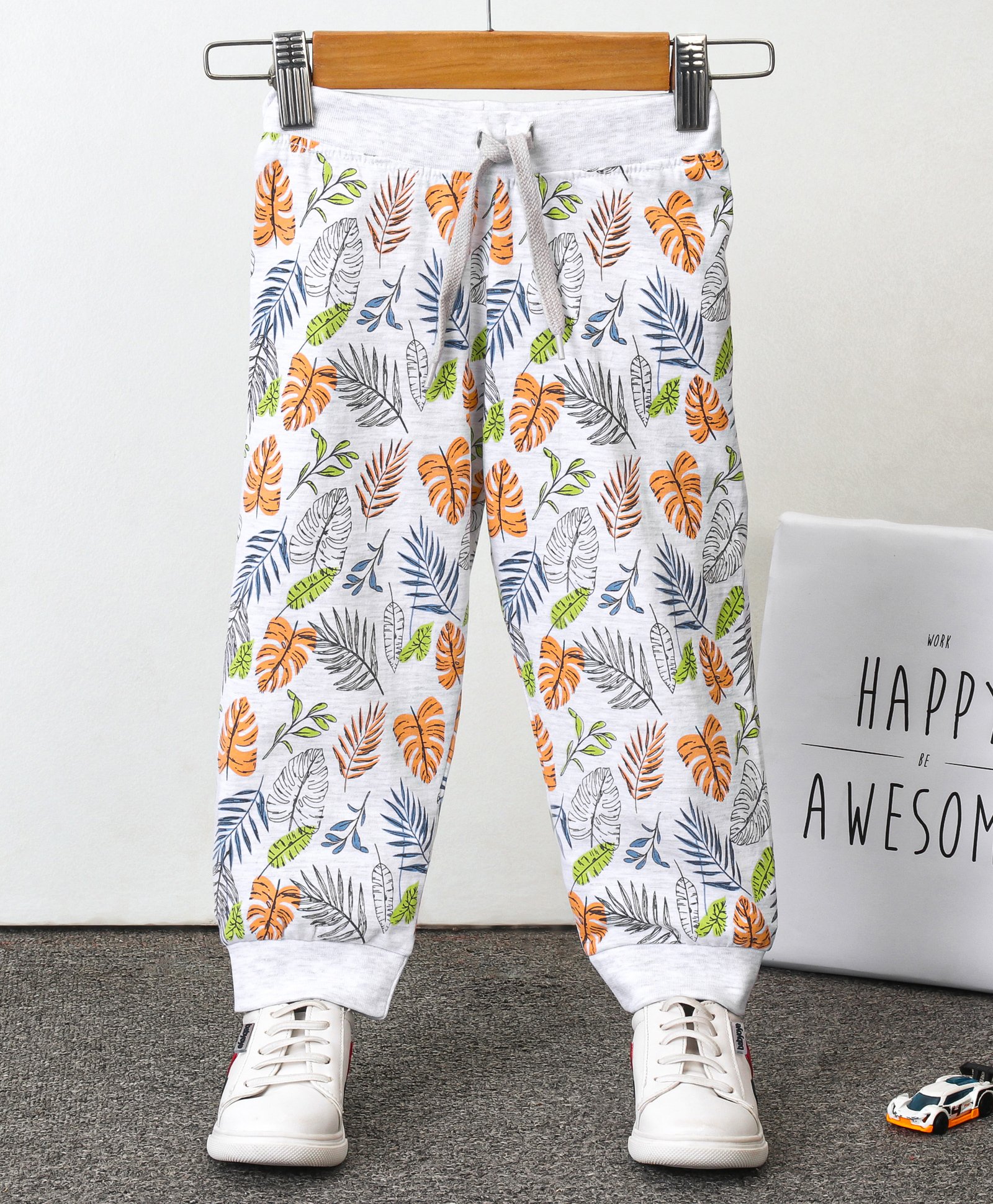 Babyhug Full Length Cotton Lounge Pants Leaf Print - White-image-35