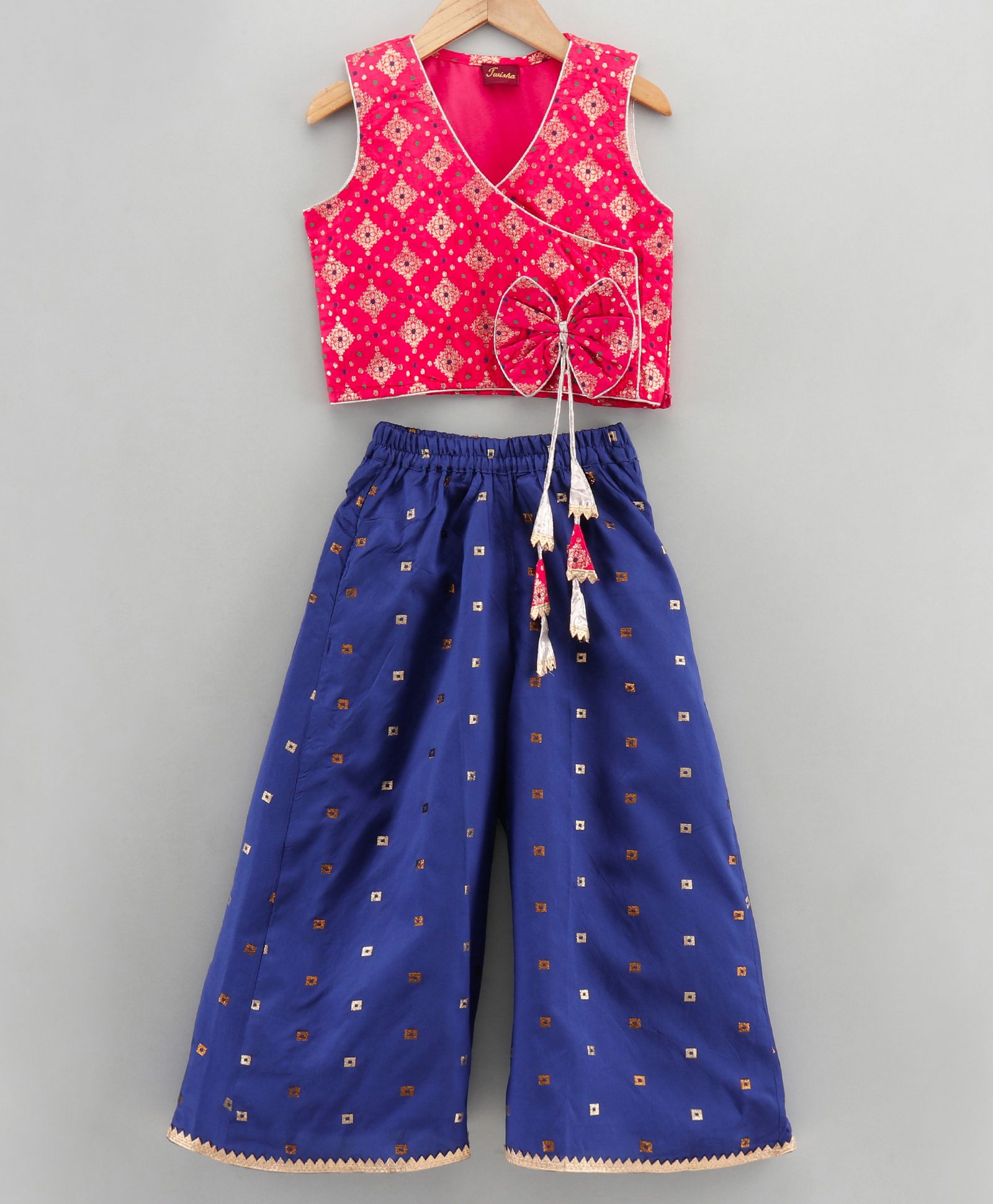 Twisha Sleeveless Motif Print Top With Contrast Palazzo Pants - Pink Blue-image-36