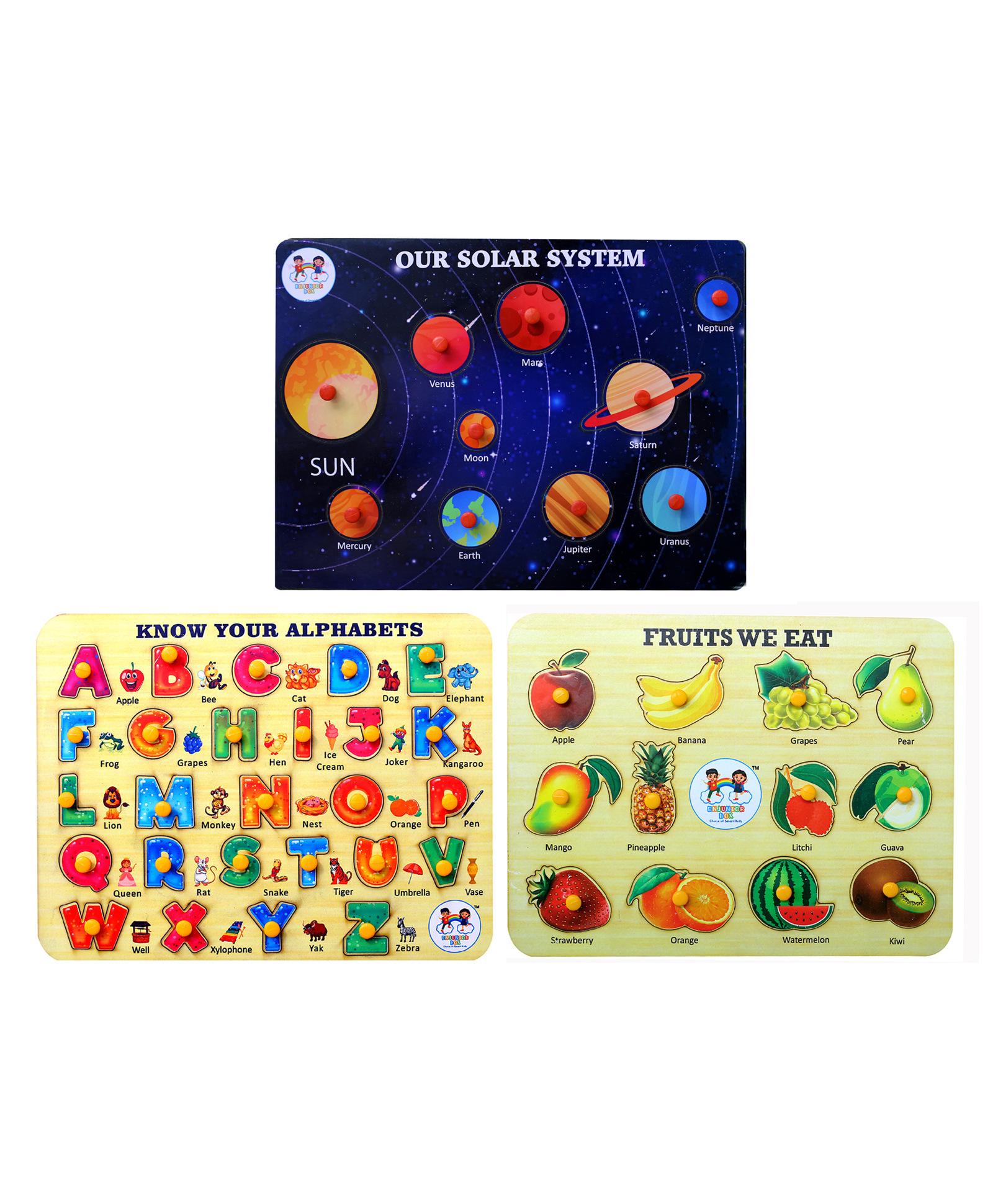 Enjunior Box Fruits Alphabets & Solar System  Wooden Puzzle With Knobs - 48 Pieces-image-49