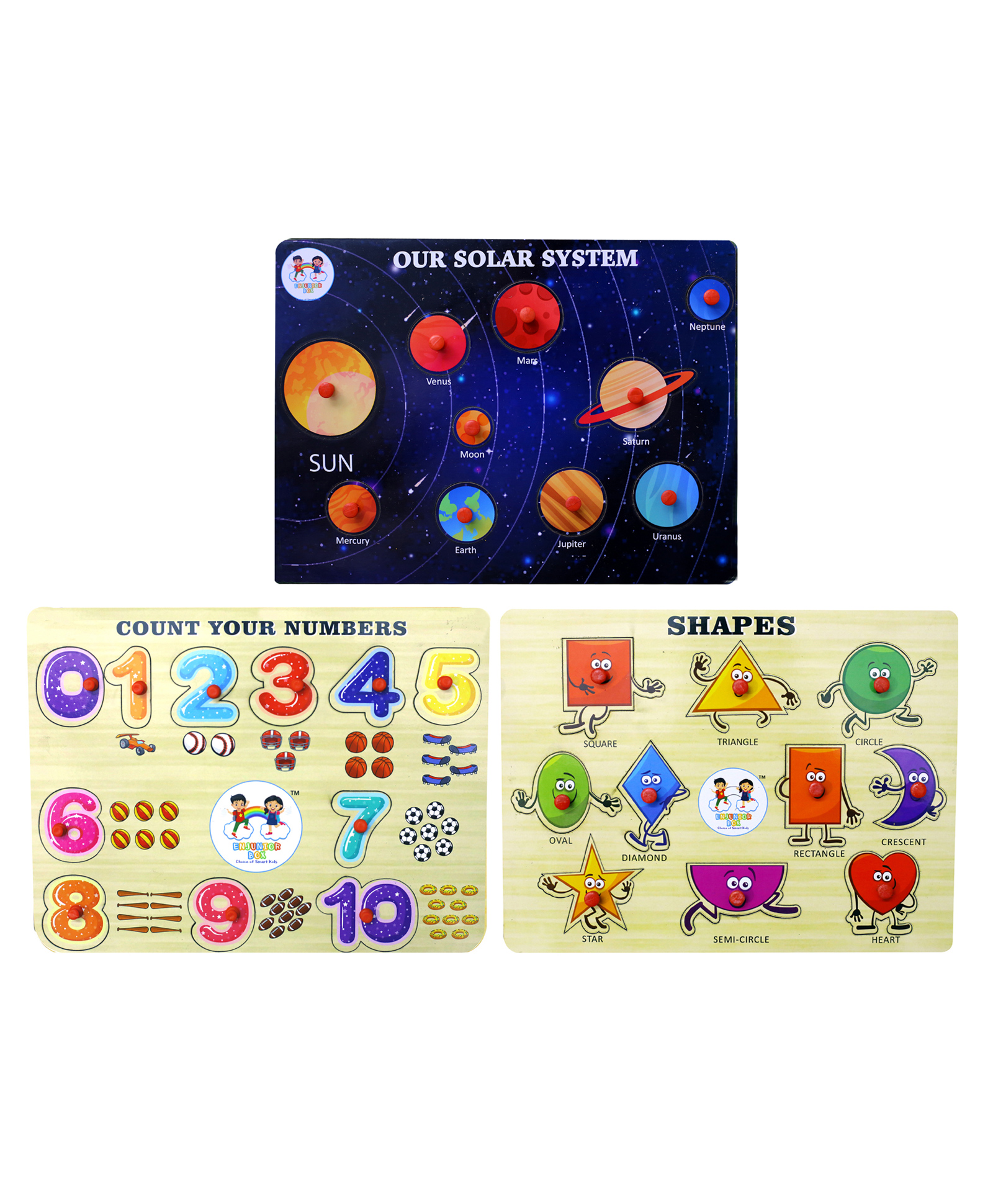 Enjunior Box Numbers Shapes & Solar System  Wooden Puzzle With Knobs Multicolor - 30 Pieces-image-7