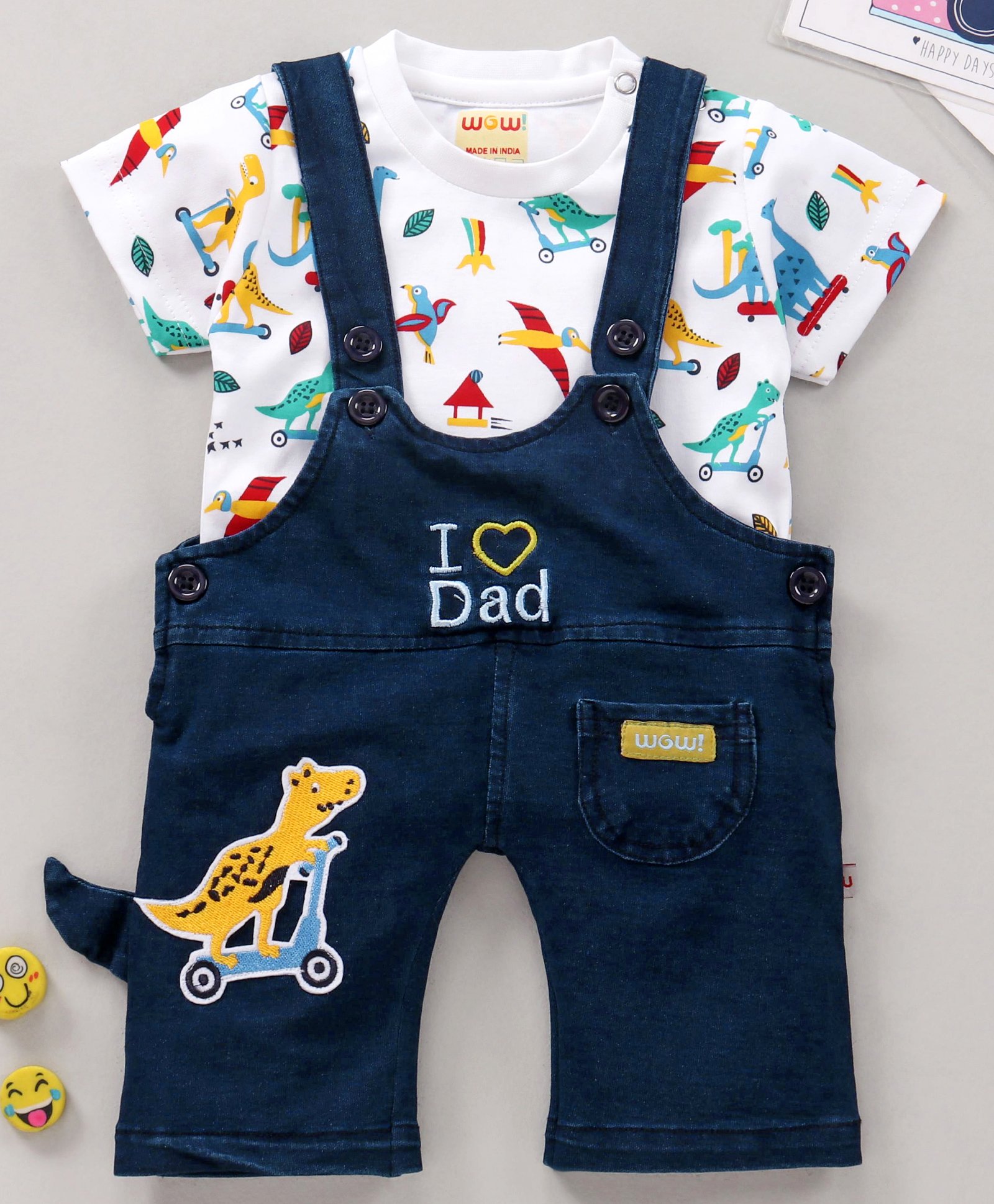WOW Dungaree Set with Half Sleeves Tee Dinosaur Print - White Blue-picture-24