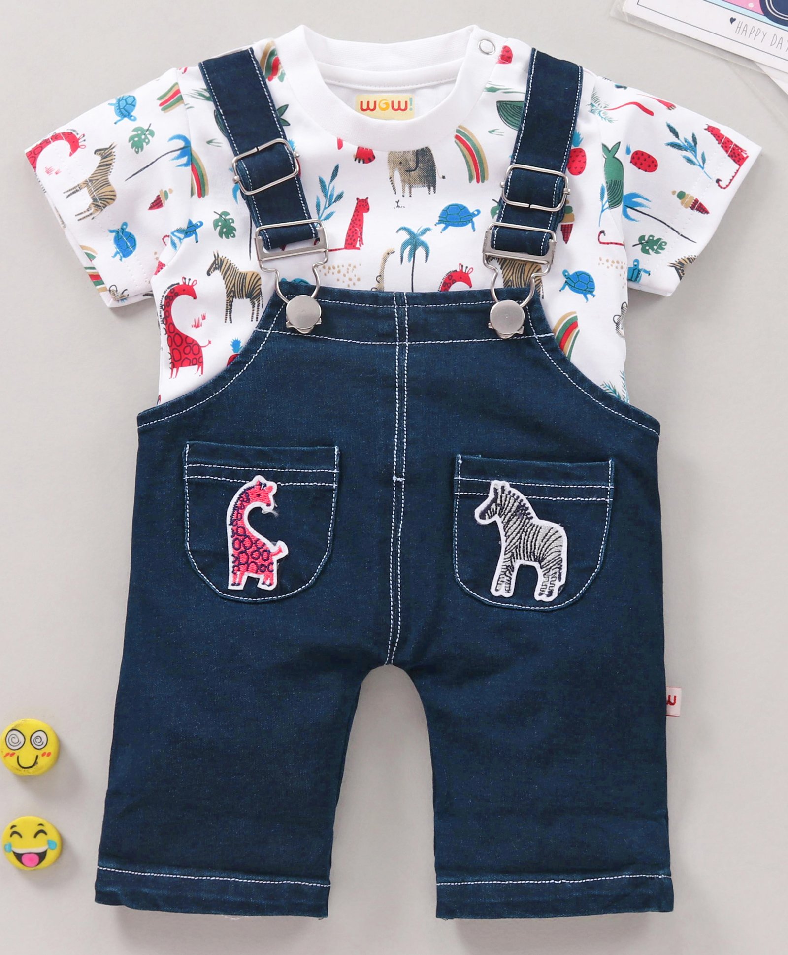 Buy WOW Dungaree Set with Half Sleeves Tee Animal Print - White Blue for  Boys (6-9 Months) Online in India, Shop at  - 10825559