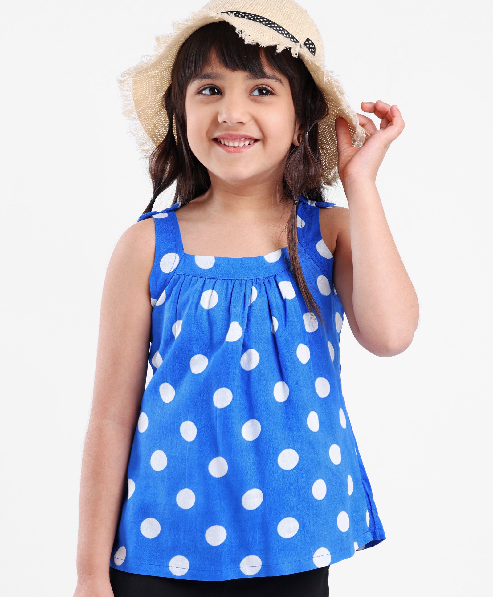 Babyhug Singlet Sleeves Rayon Woven Top Polka Dot Print With Bow - Blue-image-4