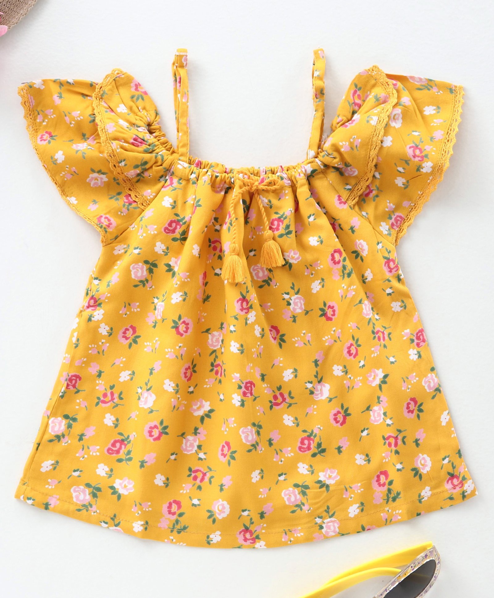 Babyhug Cold Shoulder Top with Frill Detailing Floral Print - Mustard-image-15