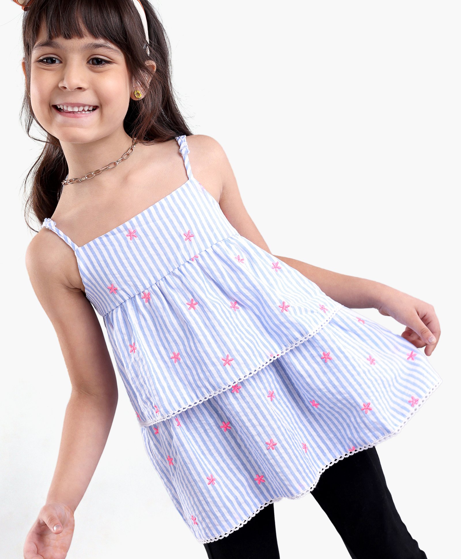 Babyhug Singlet Sleeves Striped Top With Embroidery- Blue-image-2
