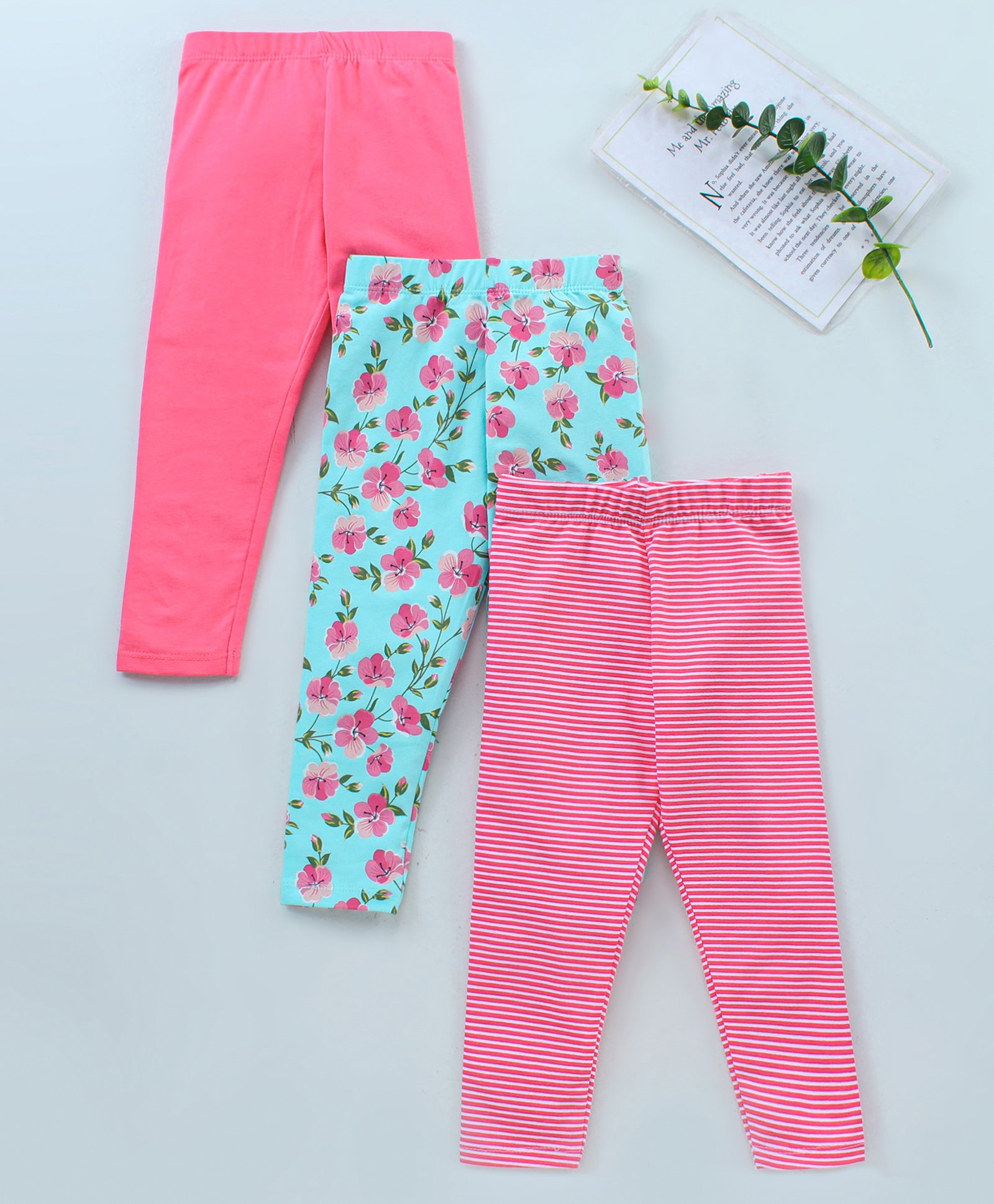 Babyhug Full Length Cotton Leggings Printed and Solid Pack of 3- Multicolor-picture-12