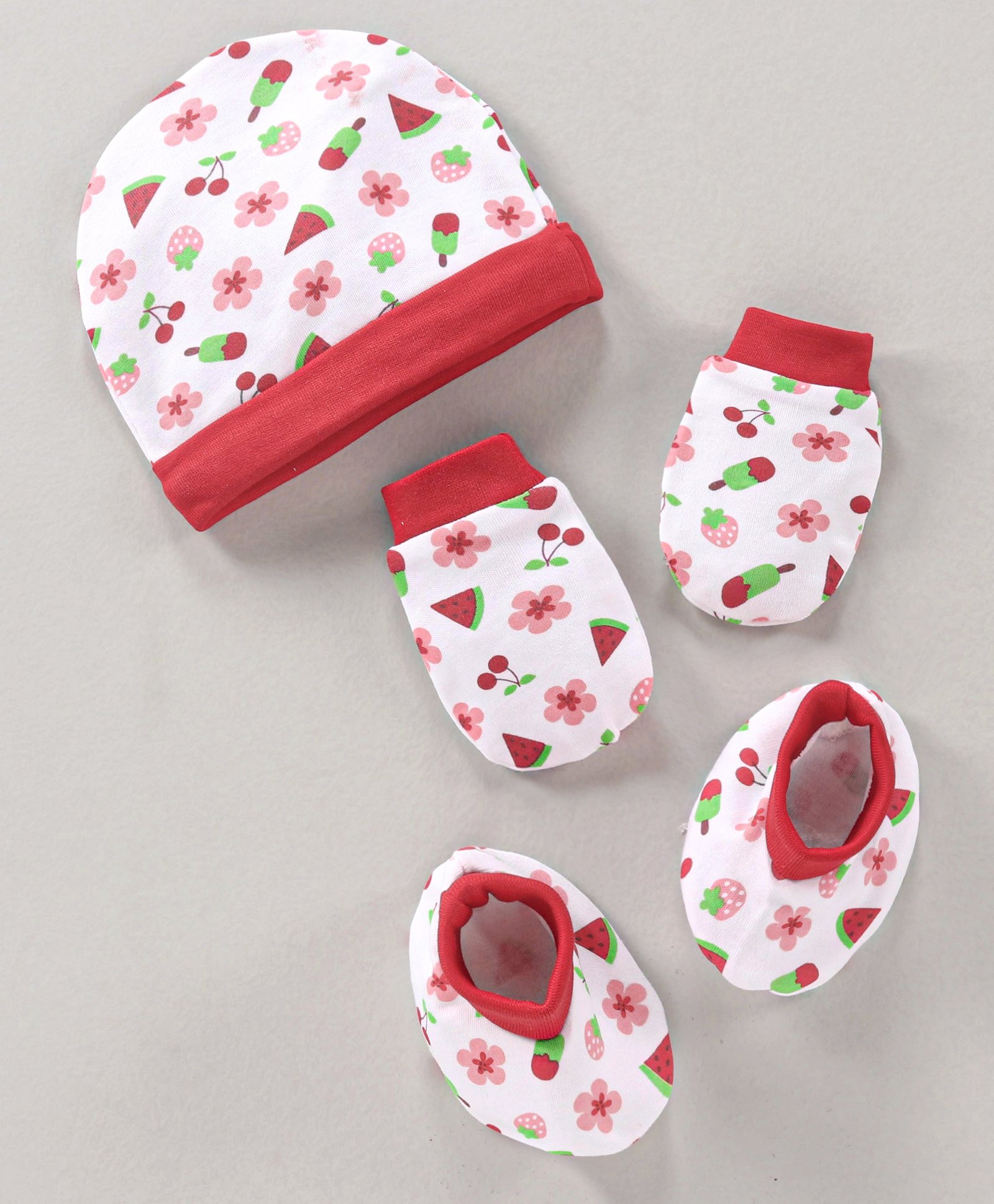 Babyhug 100% Cotton Cap Mittens & Booties Set Printed Red - Diameter 11 cm-image-46